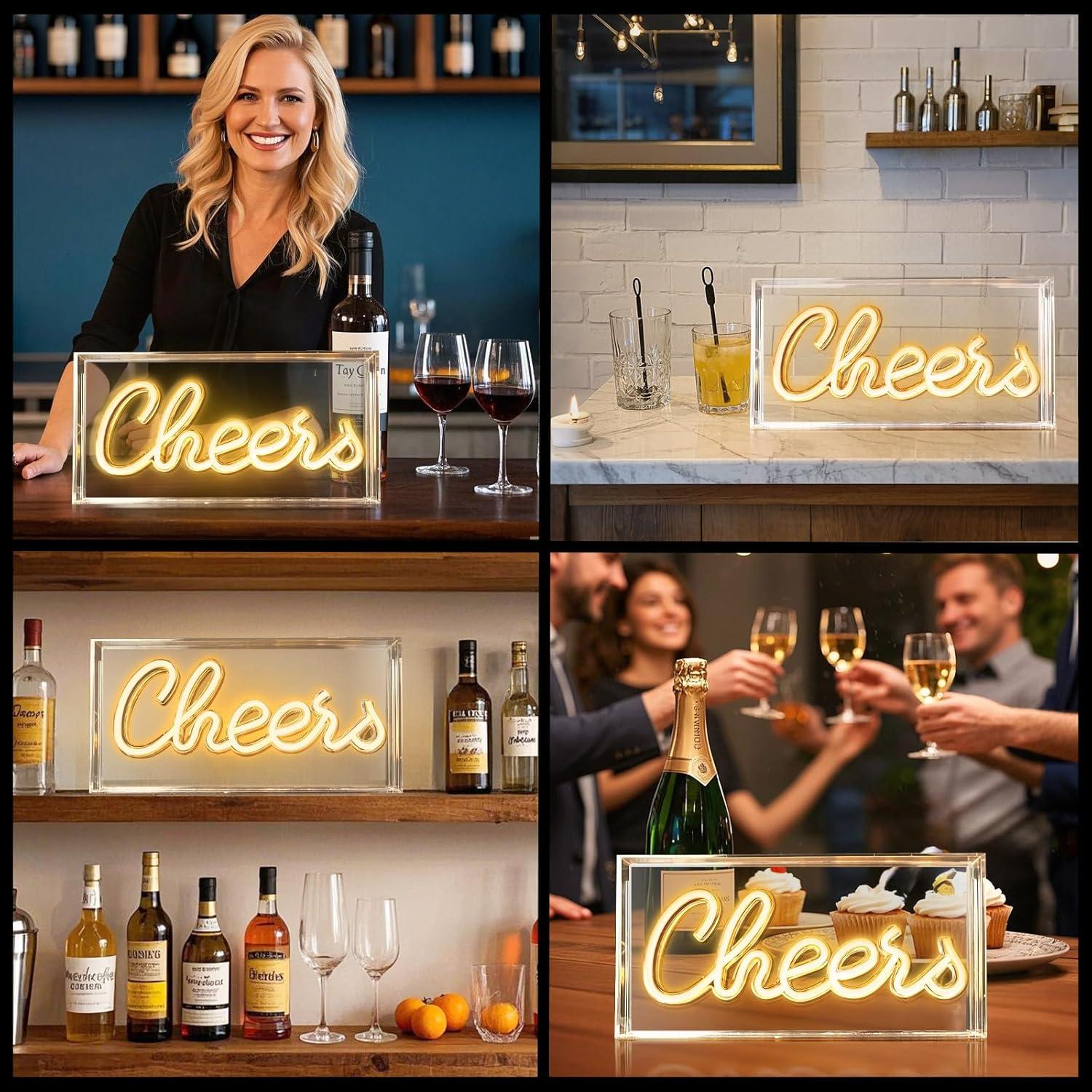 Cheers Neon Sign, USB LED Desk Lightbox Cheers Sign with ON/OFF Switch, 3D Neon Light up Sign for Table Decor, Wall Decor, Bar, Pub, Bachelorette Party (Warm White)