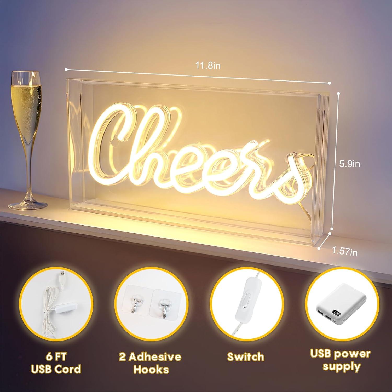 Cheers Neon Sign, USB LED Desk Lightbox Cheers Sign with ON/OFF Switch, 3D Neon Light up Sign for Table Decor, Wall Decor, Bar, Pub, Bachelorette Party (Warm White)