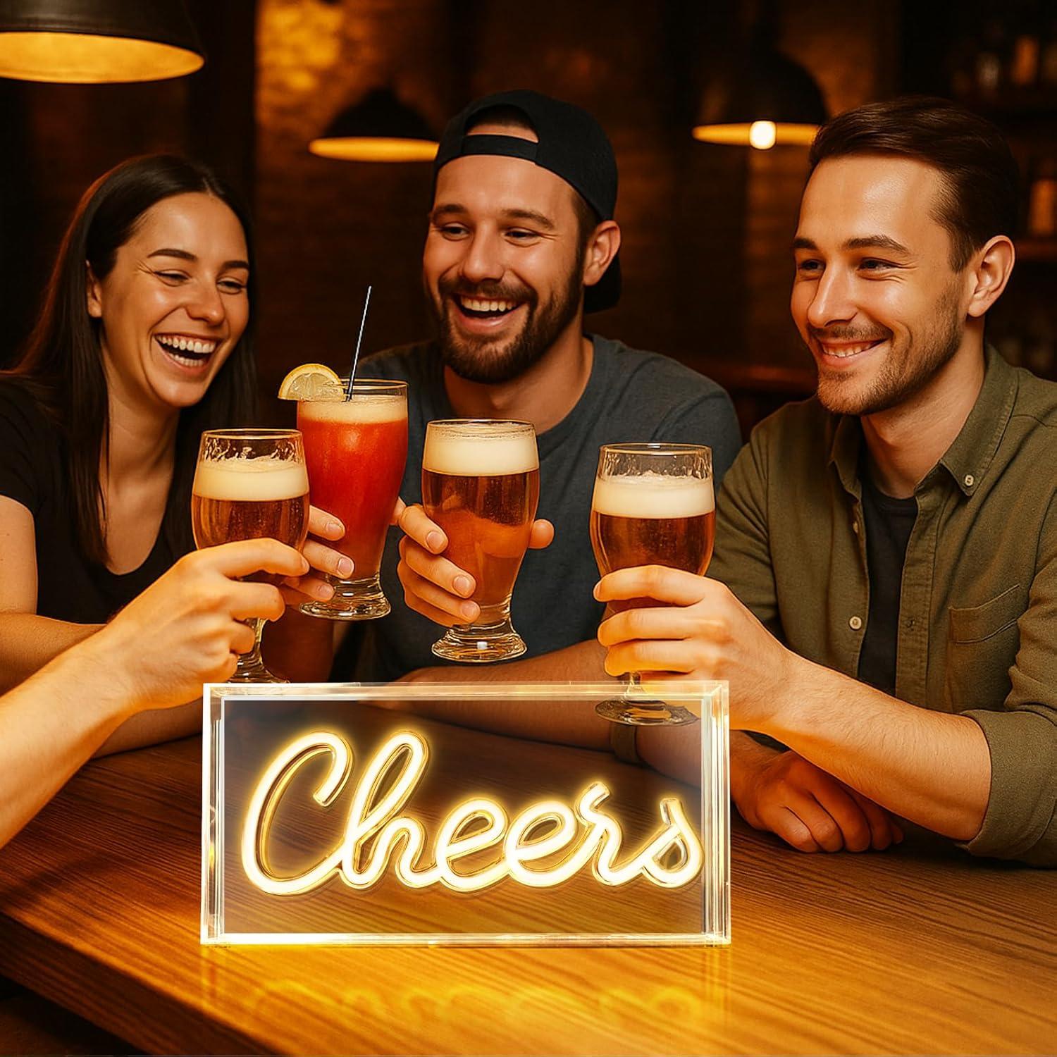 Cheers Neon Sign, USB LED Desk Lightbox Cheers Sign with ON/OFF Switch, 3D Neon Light up Sign for Table Decor, Wall Decor, Bar, Pub, Bachelorette Party (Warm White)