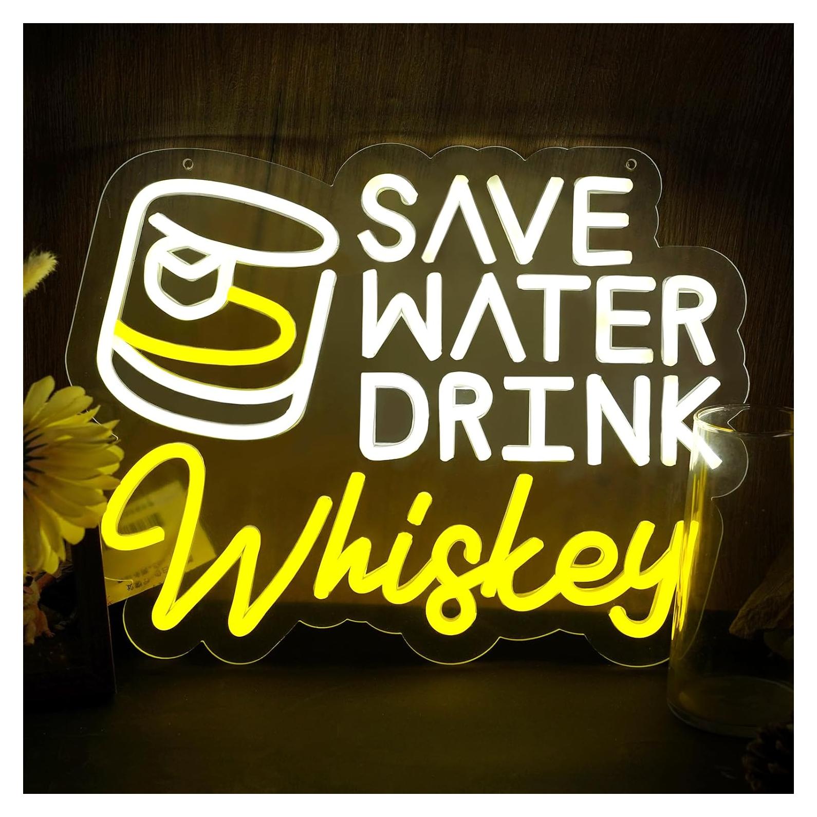 Letrero de Neón LED Ahorra Agua Bebe Whisky 36x28 cm