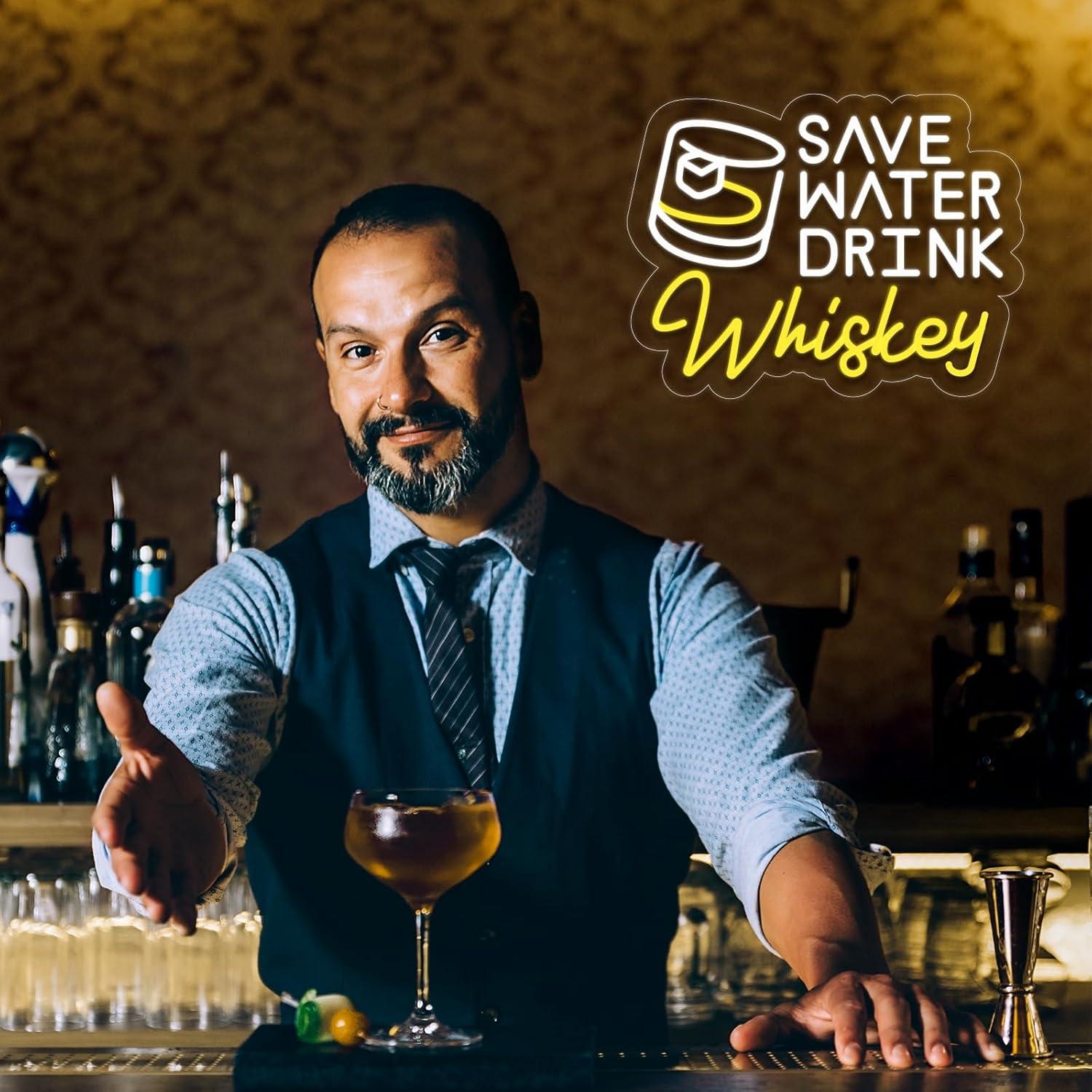 Letrero de Neón LED Ahorra Agua Bebe Whisky 36x28 cm