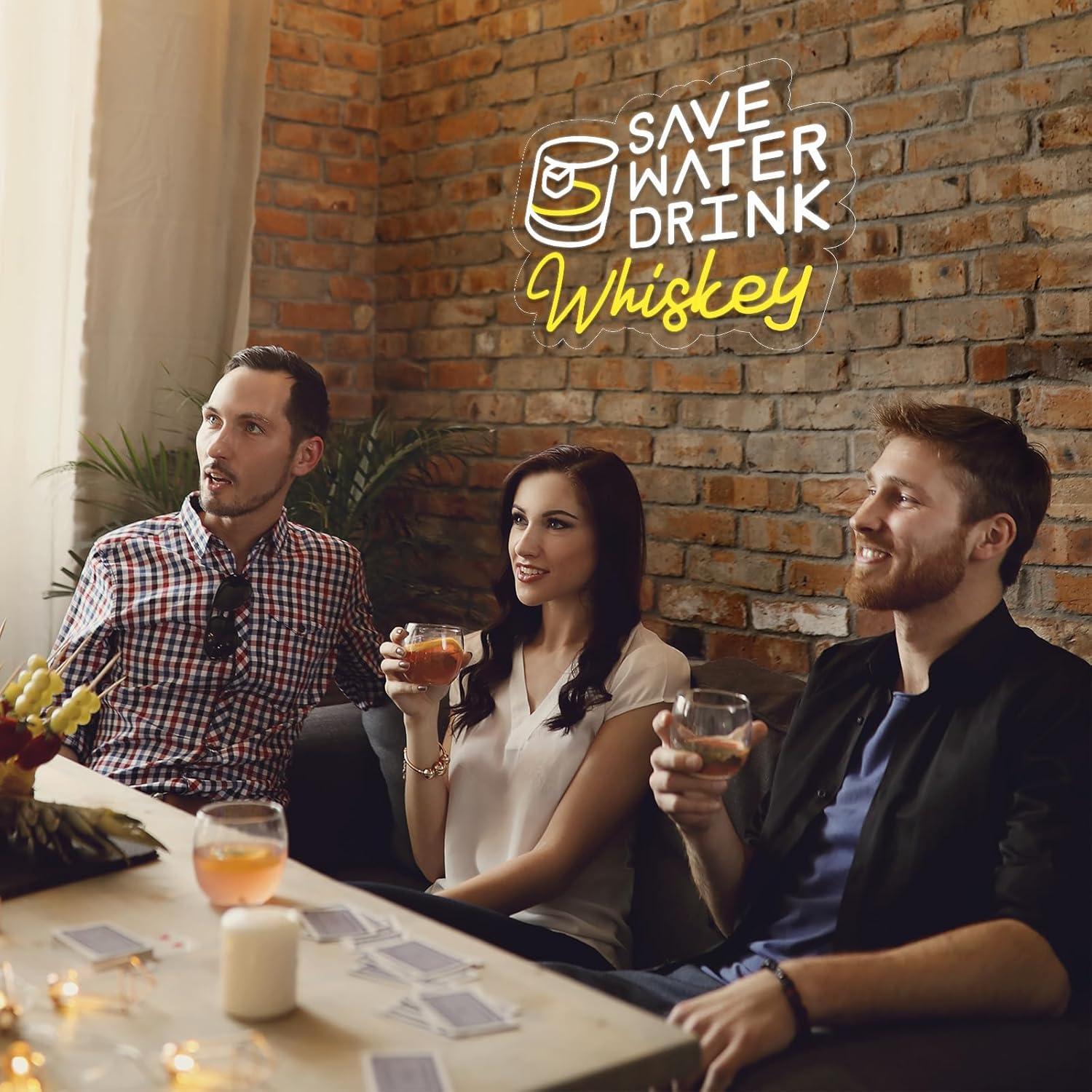 Letrero de Neón LED Ahorra Agua Bebe Whisky 36x28 cm