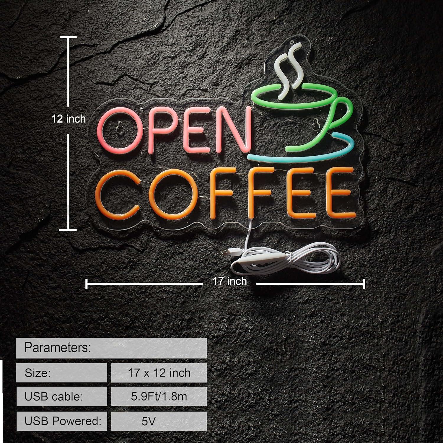 Cartel Neón LED Abierto Café Hoyoelec 43.2x30.5 cm USB