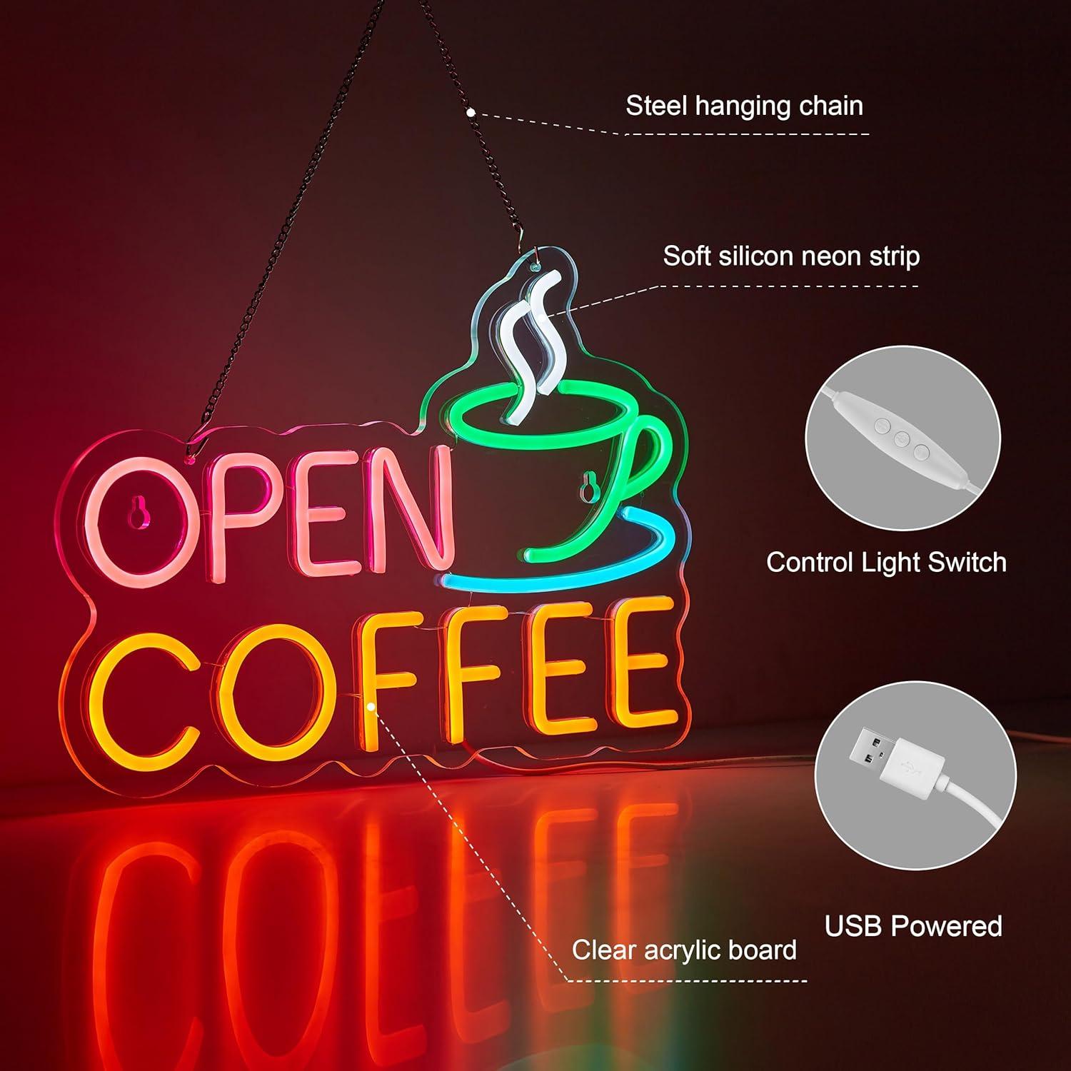 Cartel Neón LED Abierto Café Hoyoelec 43.2x30.5 cm USB