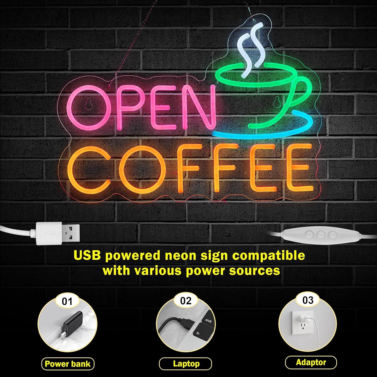 Cartel Neón LED Abierto Café Hoyoelec 43.2x30.5 cm USB