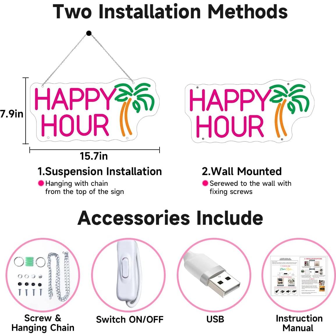 Señal de Neón HDJSIGN Hora Feliz Rosa 40x20 cm USB