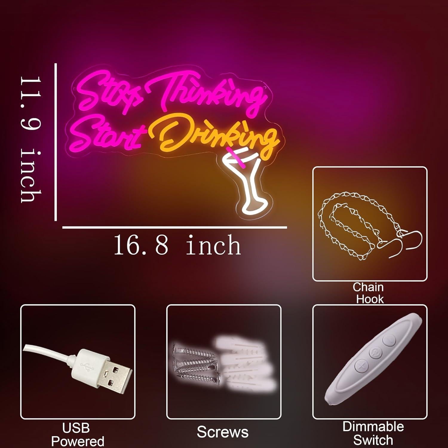 Letrero de Neón LED ASONGLIFE 'Deja de pensar, empieza a beber' 42.7x30.2cm