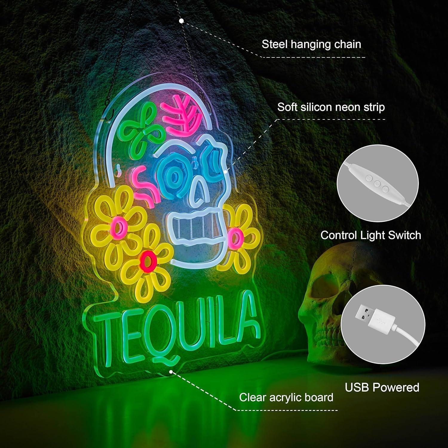 Letrero de Neón LED Tequila Roouneon 40x32cm Decoración Bar