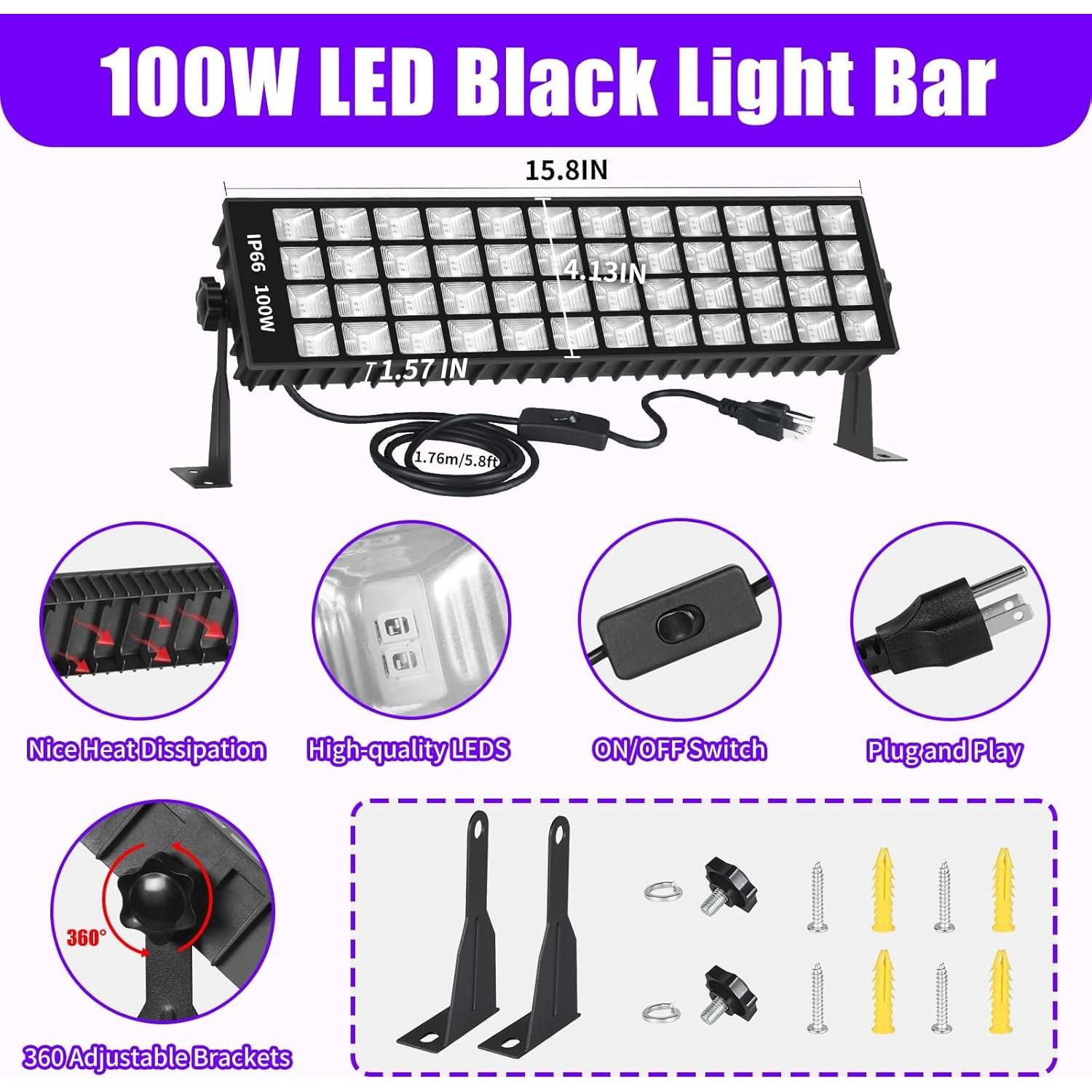 Barra de luz negra 100W SHGPODA impermeable IP66 1.8m