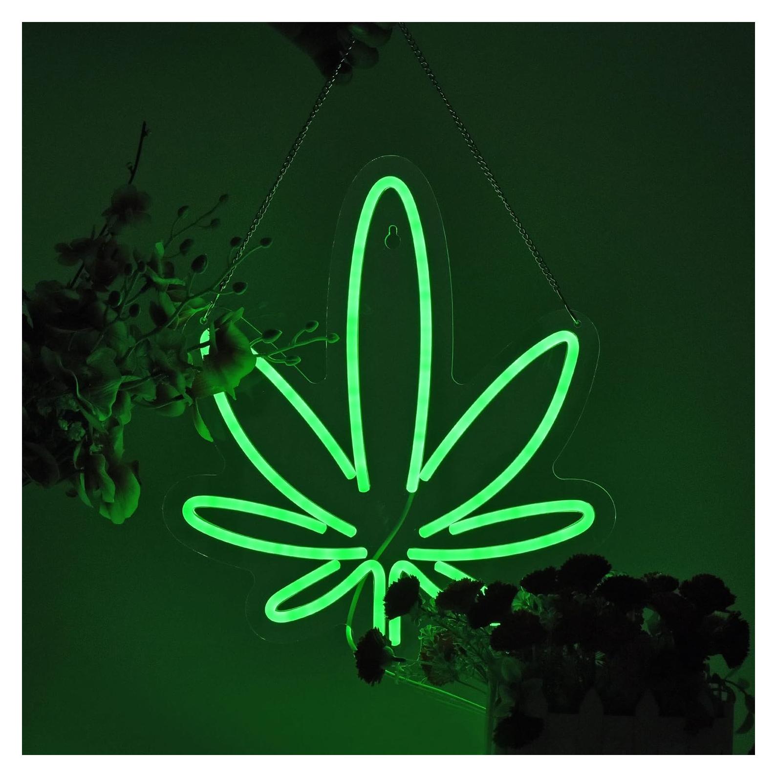 Luz de Neón Verde Hoja LED Roouneon 38x33 cm Regulable