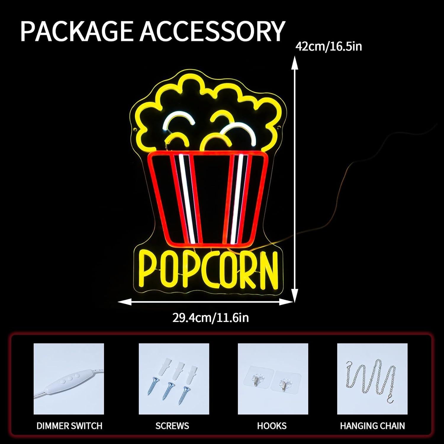 Letrero de Neón LED Virlusy Palomitas Decoración Cine 44.3x33.4cm