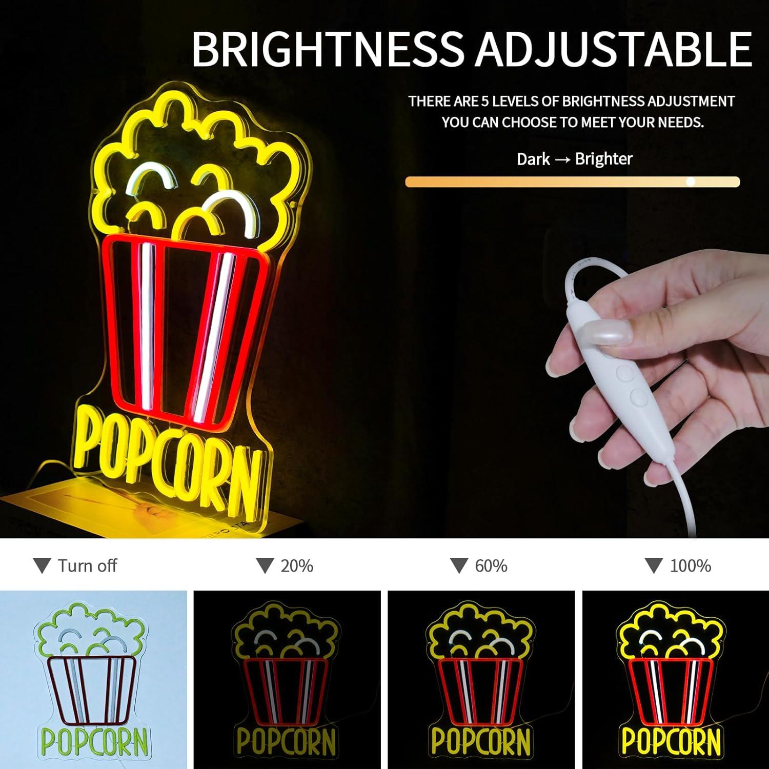 Letrero de Neón LED Virlusy Palomitas Decoración Cine 44.3x33.4cm