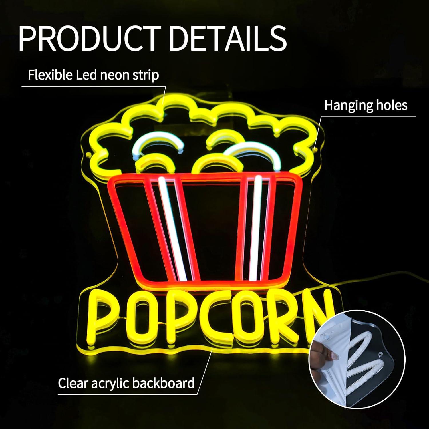 Letrero de Neón LED Virlusy Palomitas Decoración Cine 44.3x33.4cm