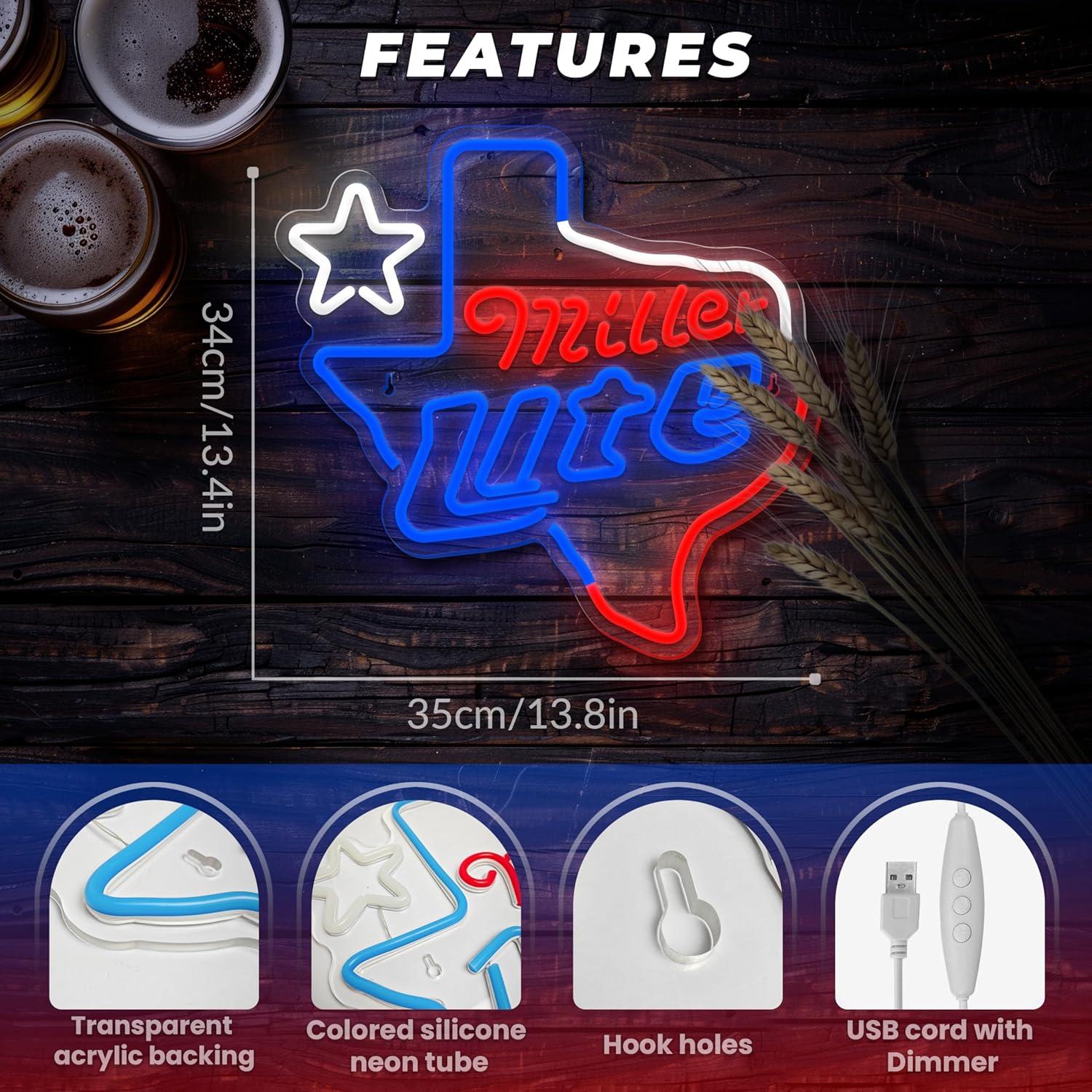 Luz de Neón de Cerveza Texas Miller Lite Regulable USB
