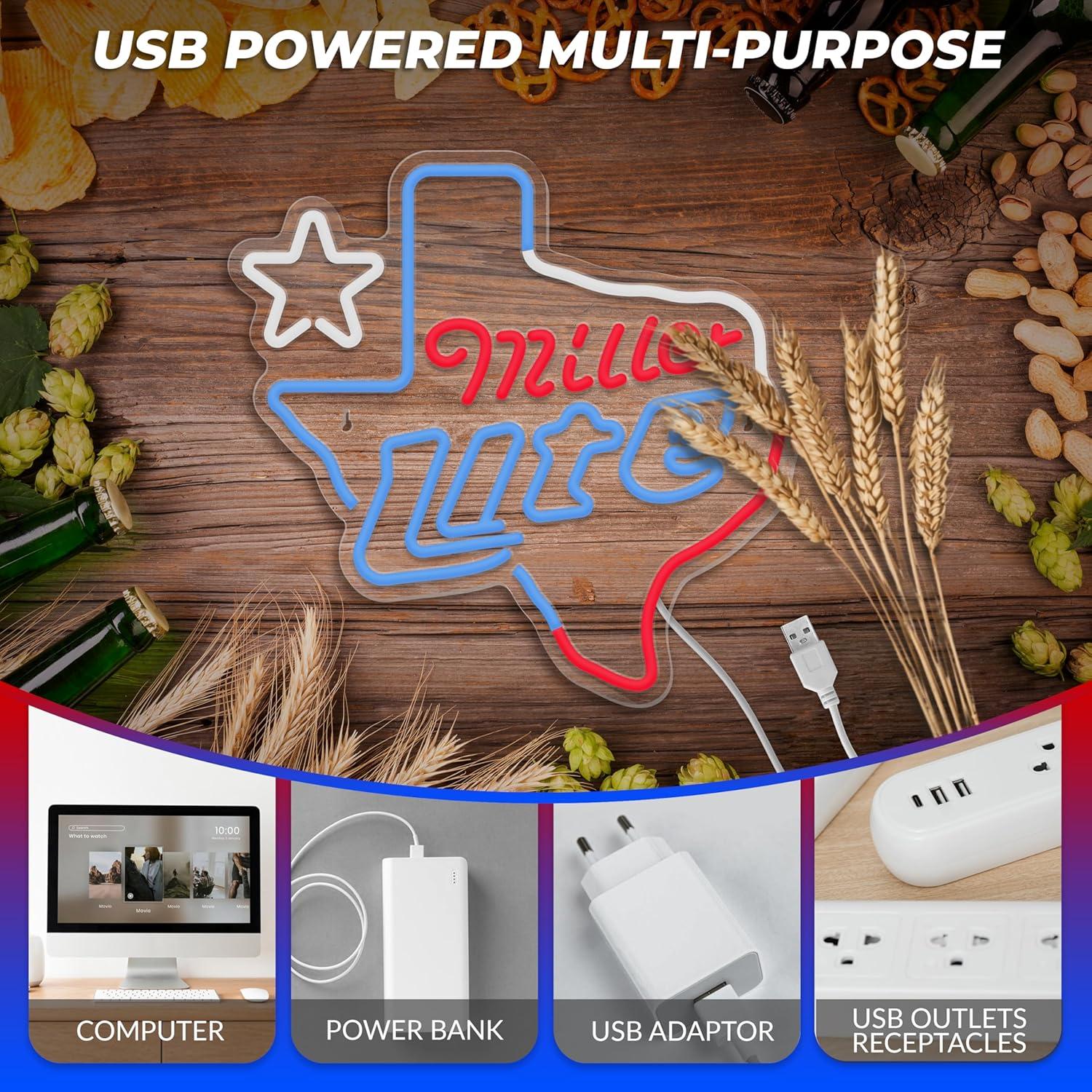 Luz de Neón de Cerveza Texas Miller Lite Regulable USB