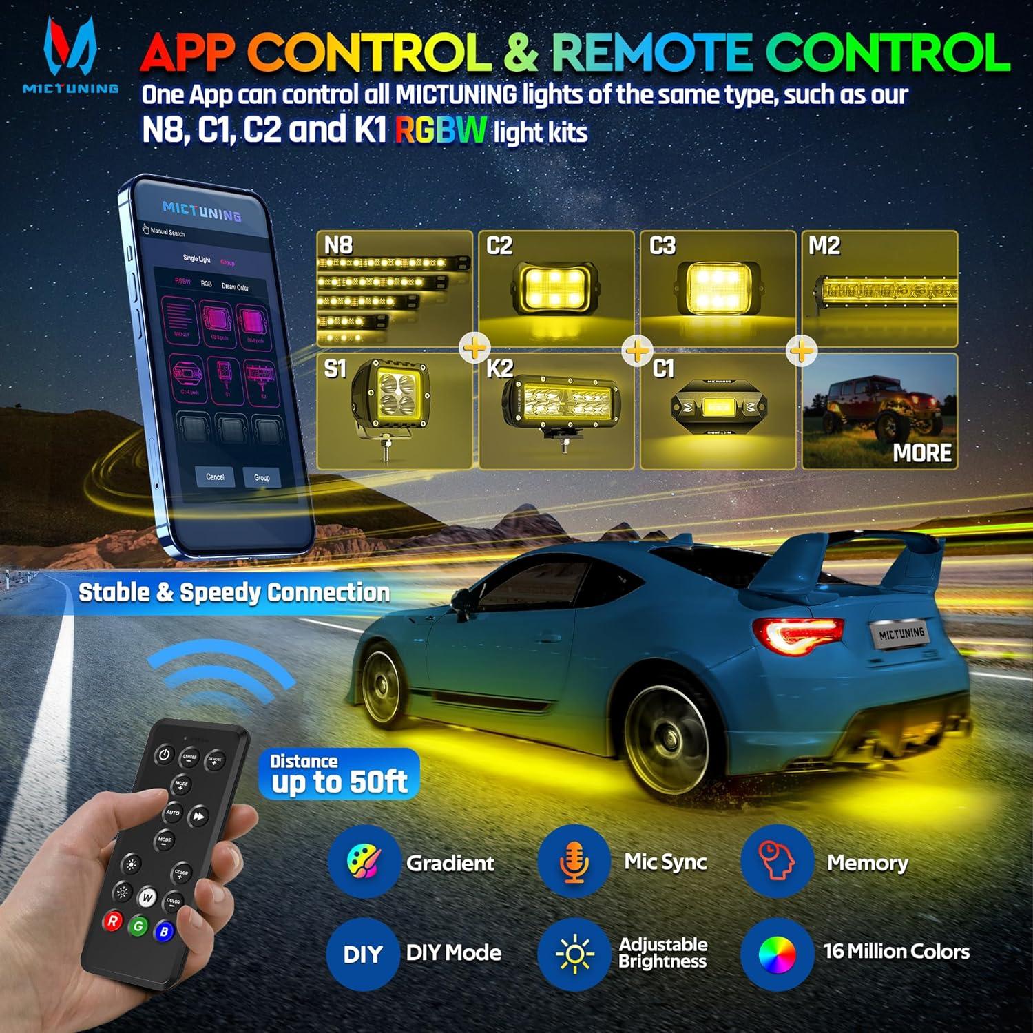 Kit de Luz LED RGBW MICTUNING N8 8 Piezas Impermeable IP68