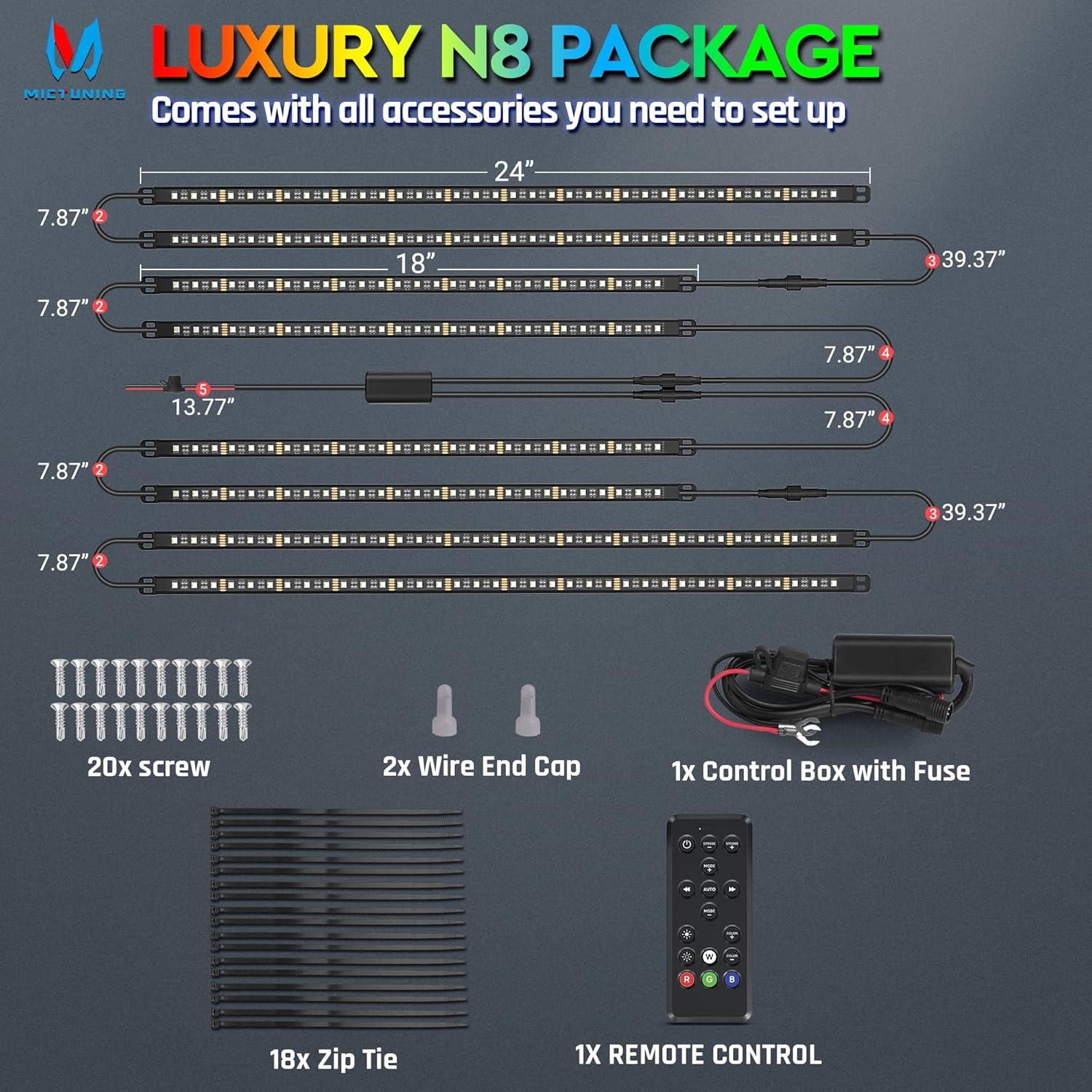 Kit de Luz LED RGBW MICTUNING N8 8 Piezas Impermeable IP68