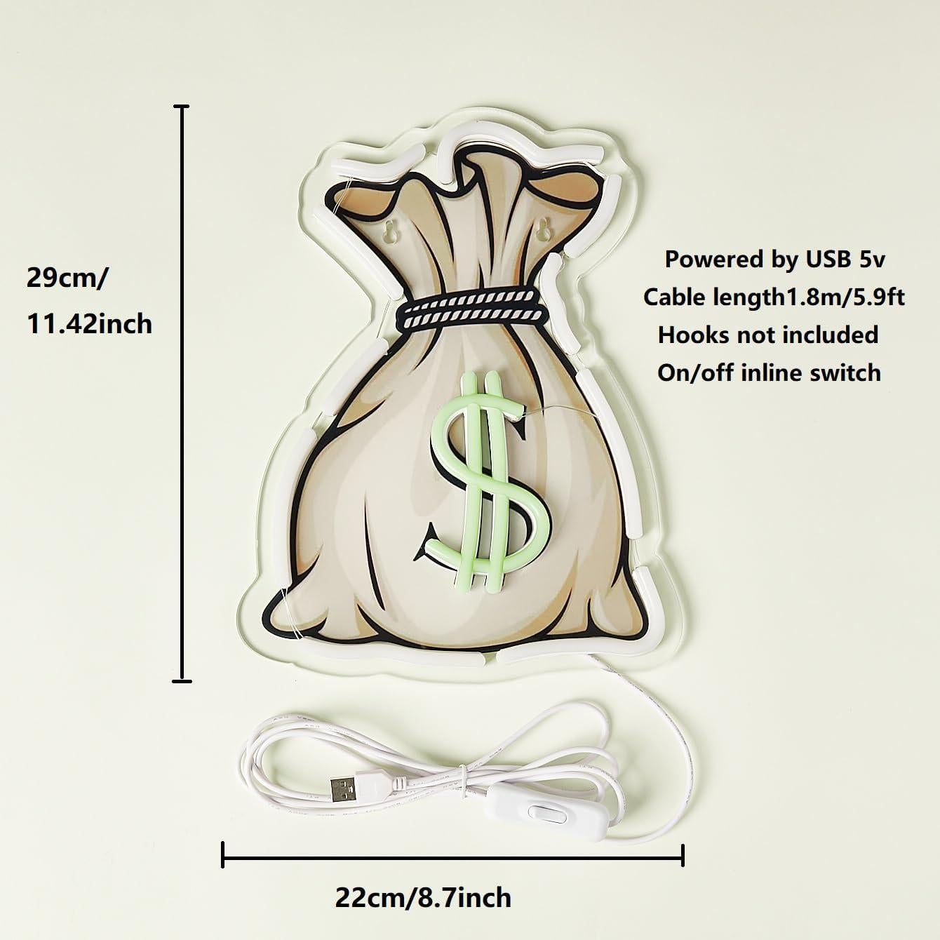 Letrero de Neón LED Bolsa de Dinero 29x22cm Decoración