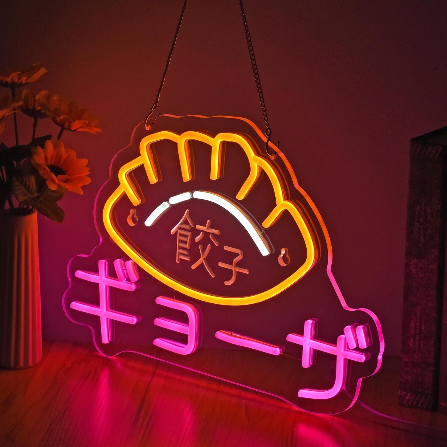 Dumplings Gyoza Neon Sign, 餃子 ギョーザ Neon Lights Hanging Wall Art Decoration for Japanese Style Restaurant Bar Club, USB Powered Ultra Bright Dimmable, 16.1 * 11.4 inches
