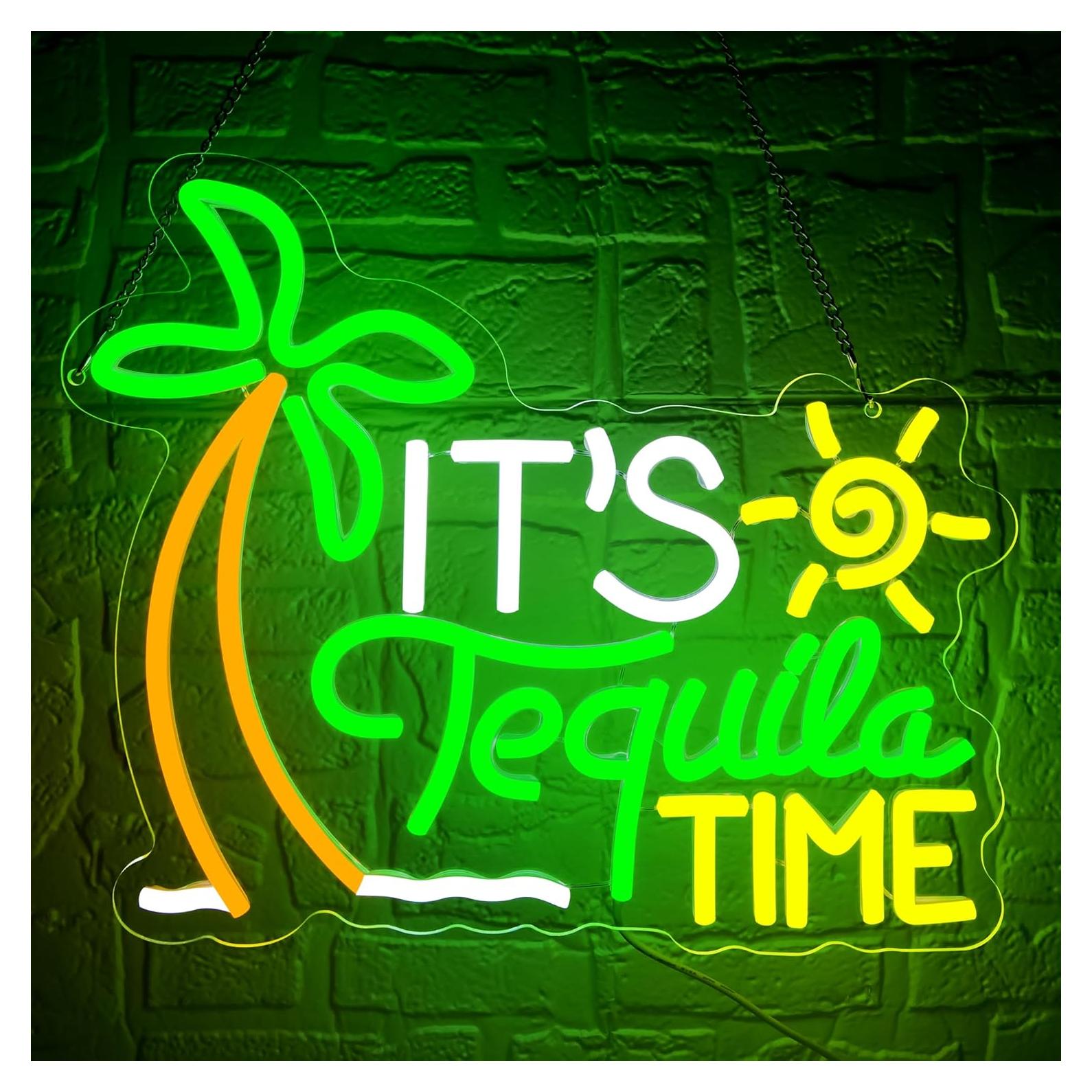 Letrero de Neón 'Es Hora de Tequila' LED Verde y Dorado 30x35 cm