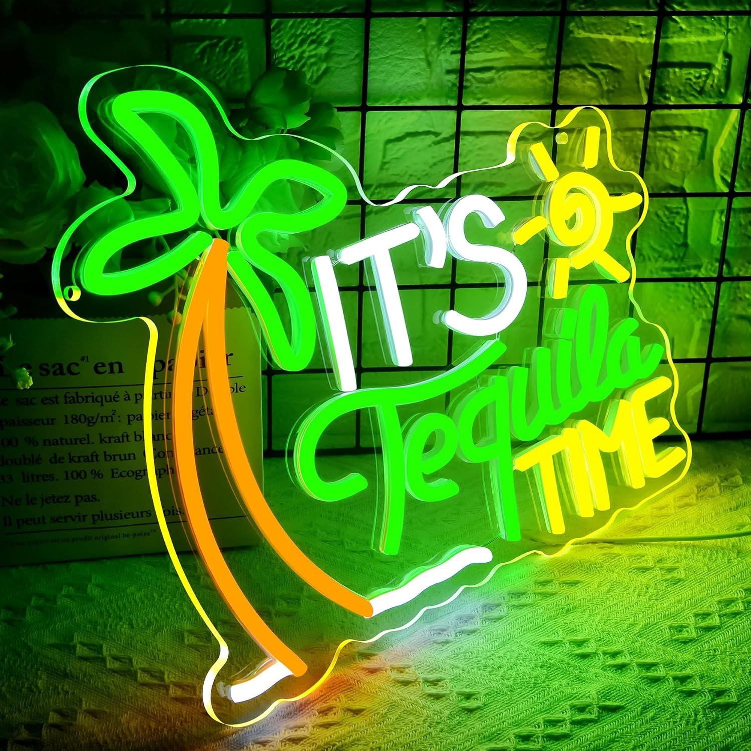 Letrero de Neón 'Es Hora de Tequila' LED Verde y Dorado 30x35 cm