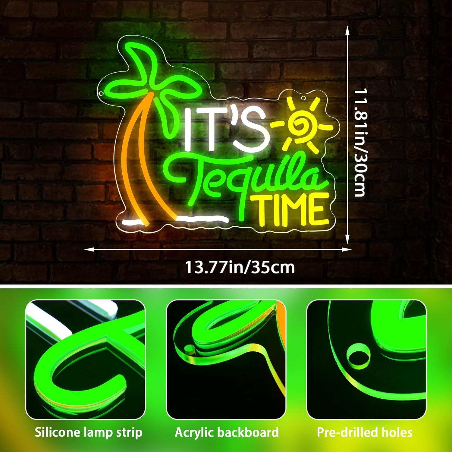 Letrero de Neón 'Es Hora de Tequila' LED Verde y Dorado 30x35 cm