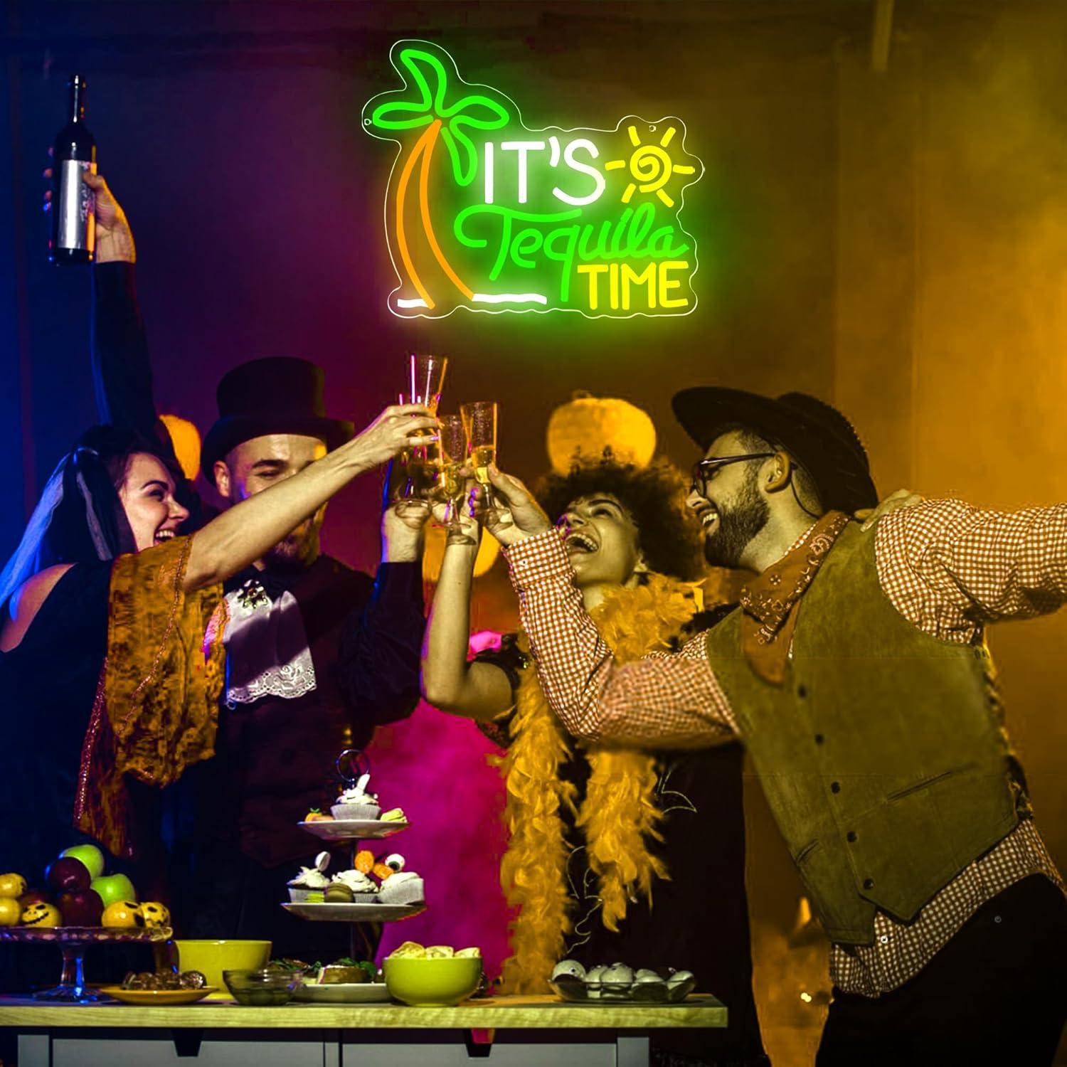 Letrero de Neón 'Es Hora de Tequila' LED Verde y Dorado 30x35 cm