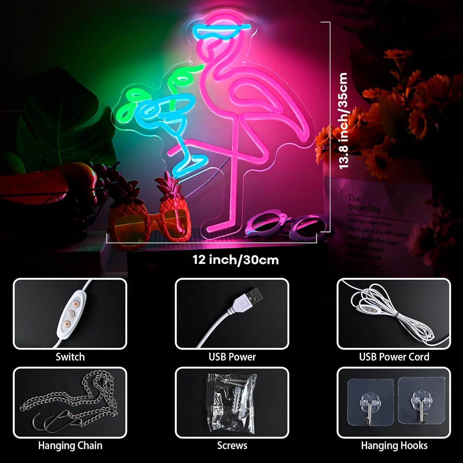 Luz de Neón Flamenco Rosa y Azul 35x30cm con USB