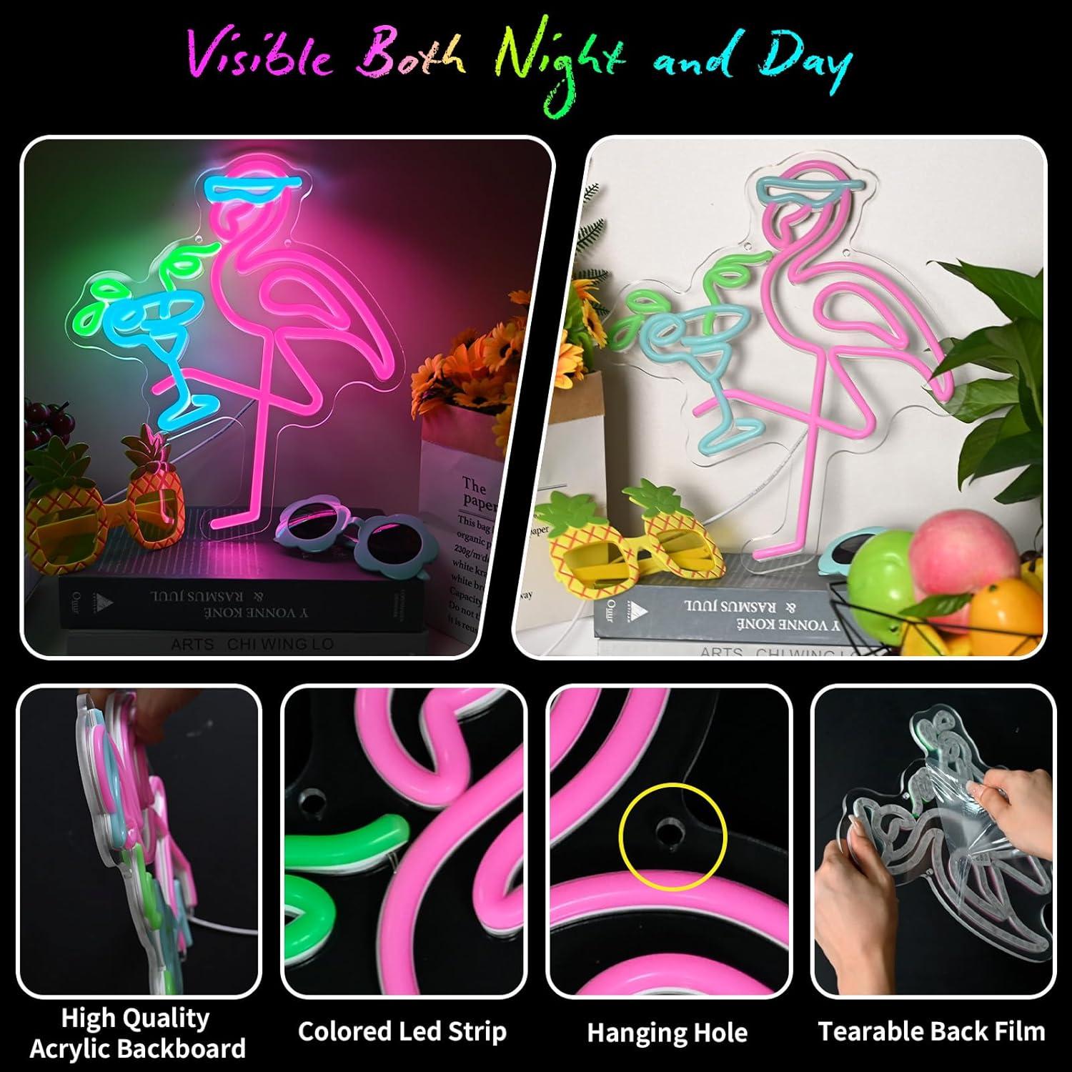 Luz de Neón Flamenco Rosa y Azul 35x30cm con USB