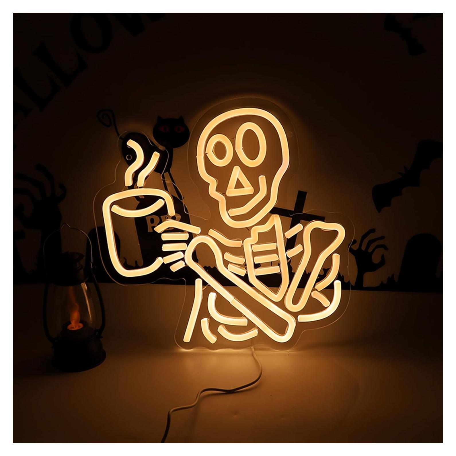 Coffee Skeleton Neon Sign for Wall Decor,Halloween Neon Light Sign Skull Lamp for Halloween Party Decorations