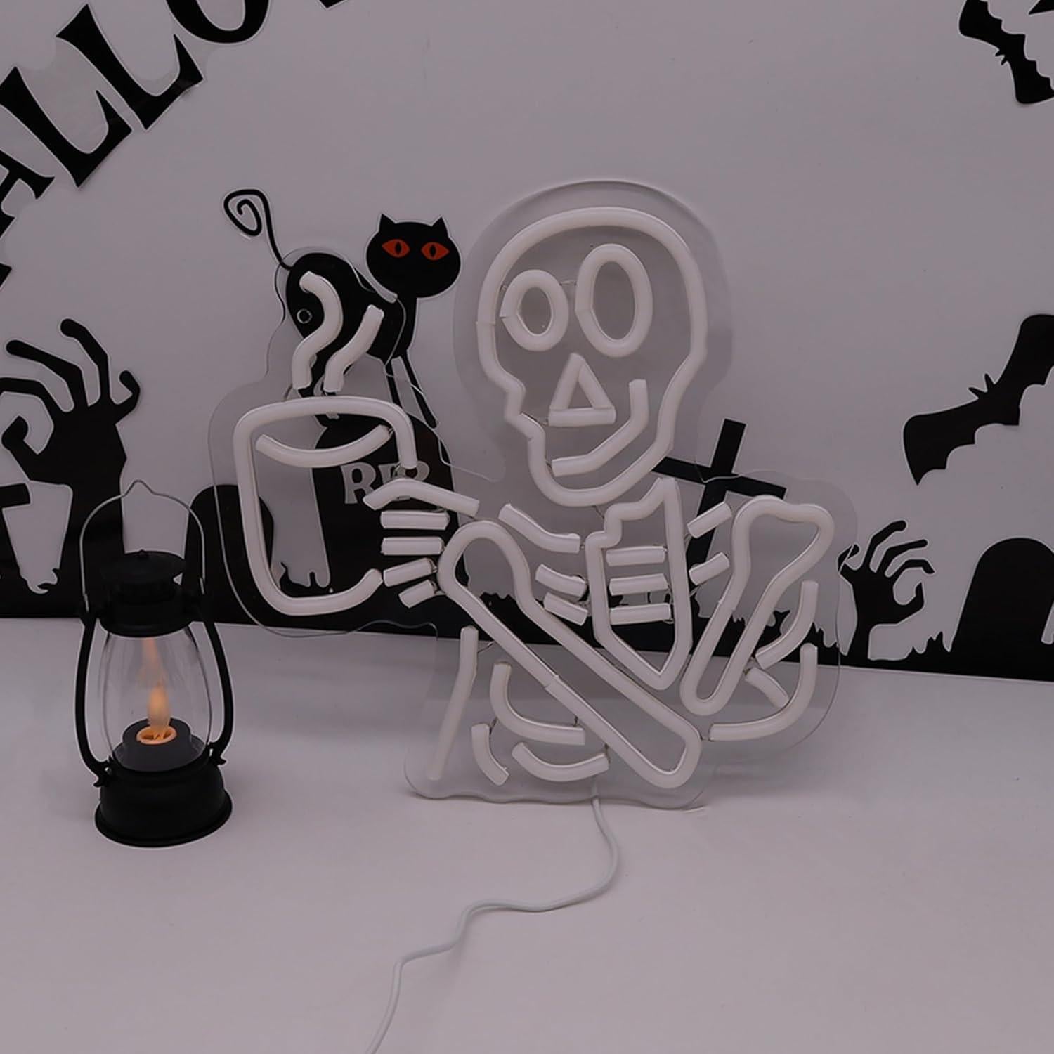 Coffee Skeleton Neon Sign for Wall Decor,Halloween Neon Light Sign Skull Lamp for Halloween Party Decorations