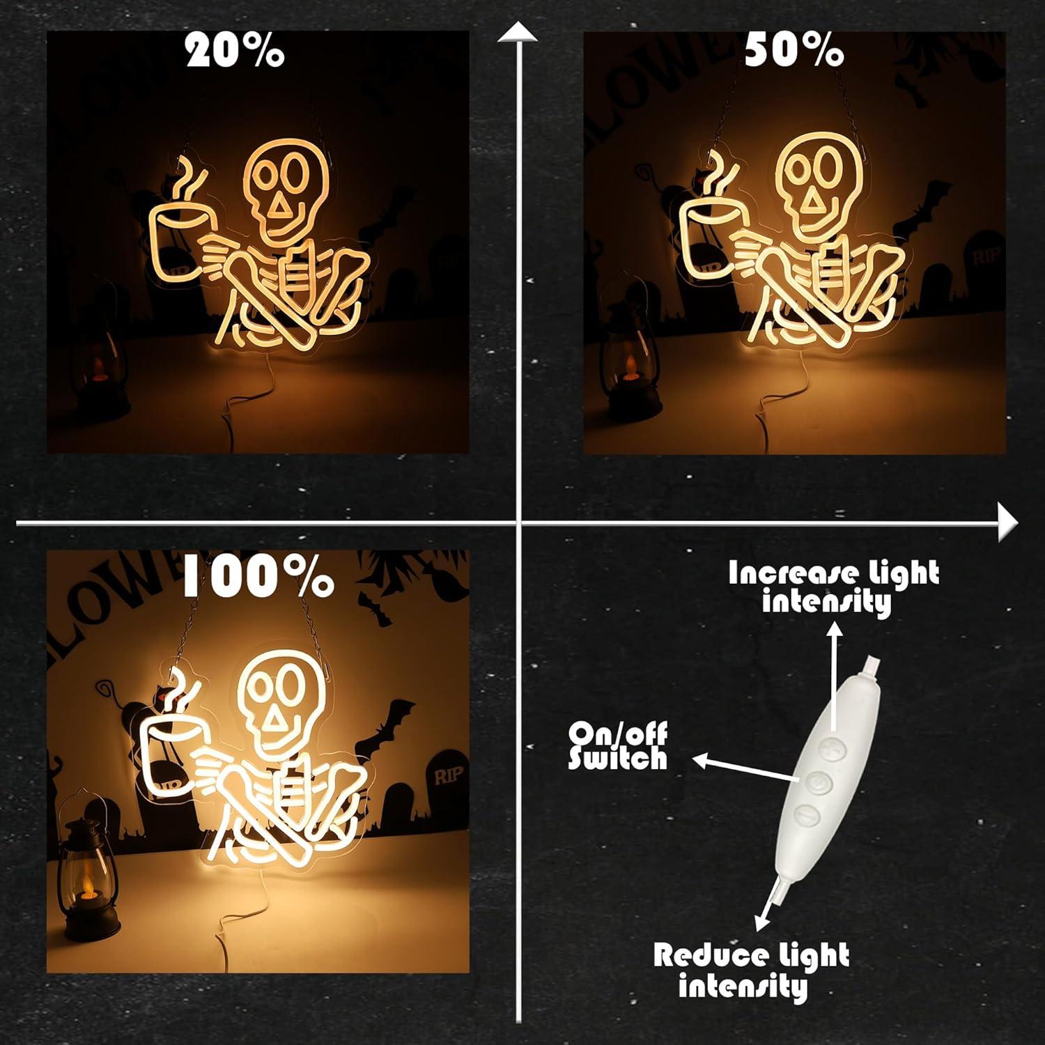 Coffee Skeleton Neon Sign for Wall Decor,Halloween Neon Light Sign Skull Lamp for Halloween Party Decorations