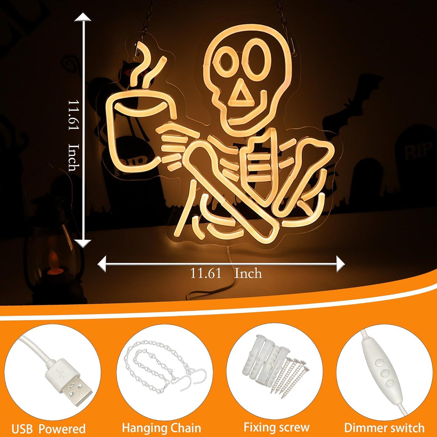 Coffee Skeleton Neon Sign for Wall Decor,Halloween Neon Light Sign Skull Lamp for Halloween Party Decorations