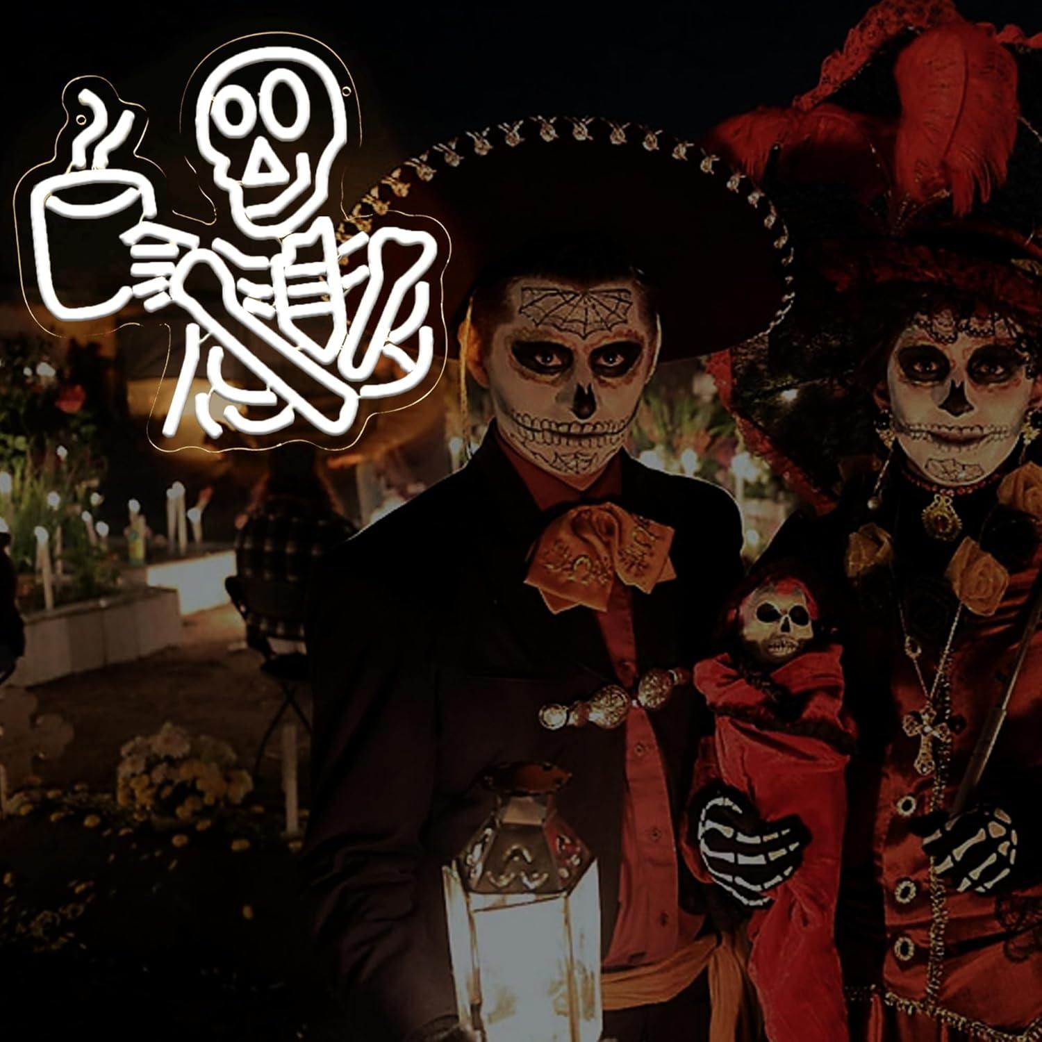 Coffee Skeleton Neon Sign for Wall Decor,Halloween Neon Light Sign Skull Lamp for Halloween Party Decorations