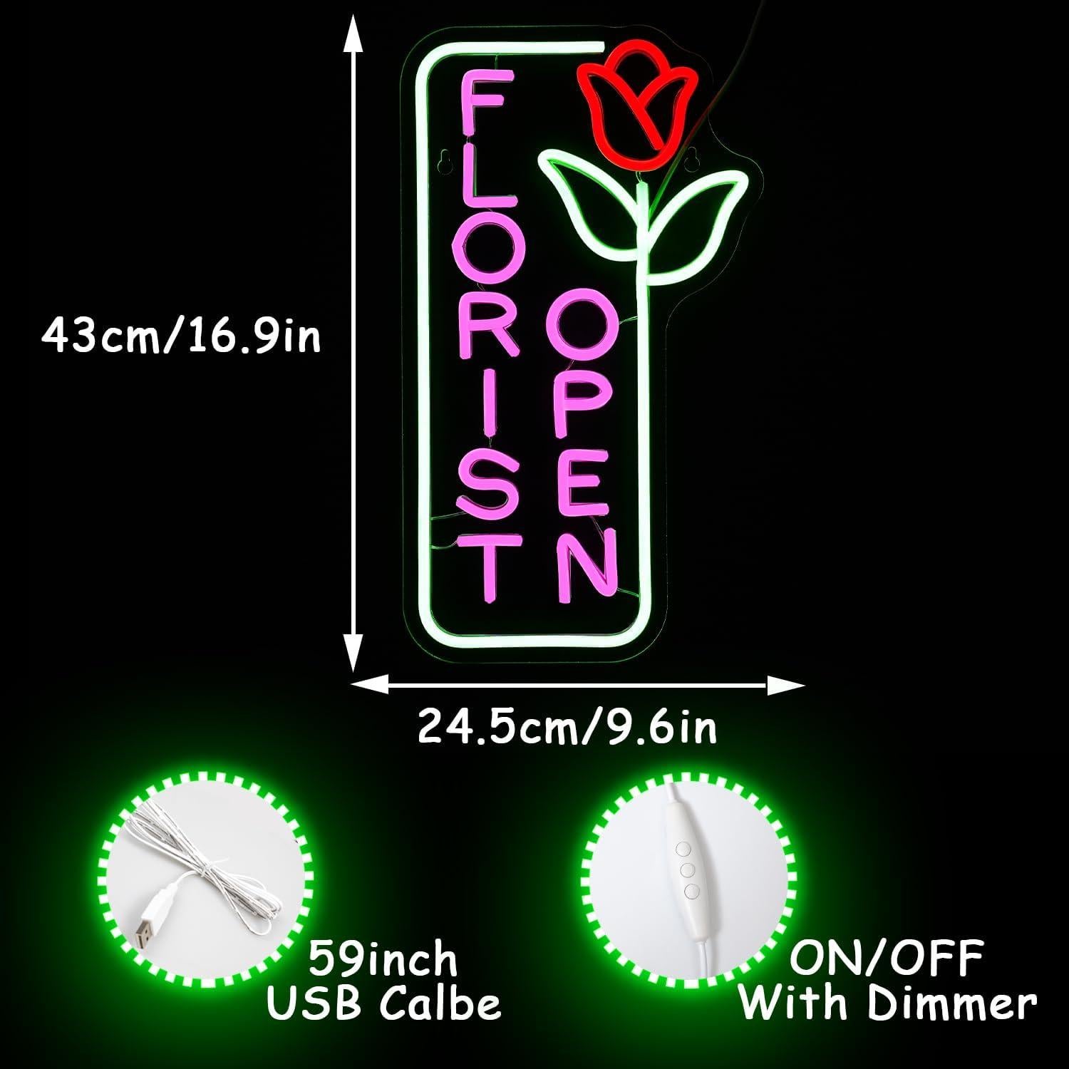 Cartel de Neón LED Florista 43x24.5 cm con Brillo Ajustable