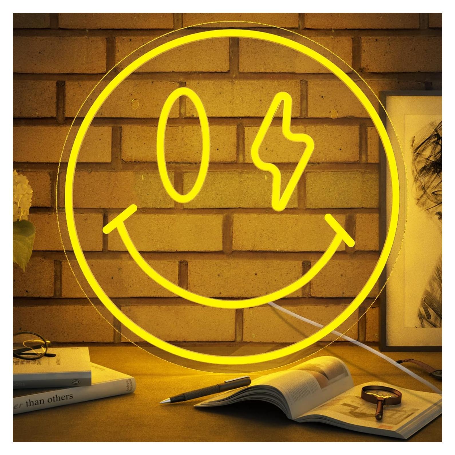 Cartel de Neón LED Amarillo Cara Sonriente 35 cm NEONIP