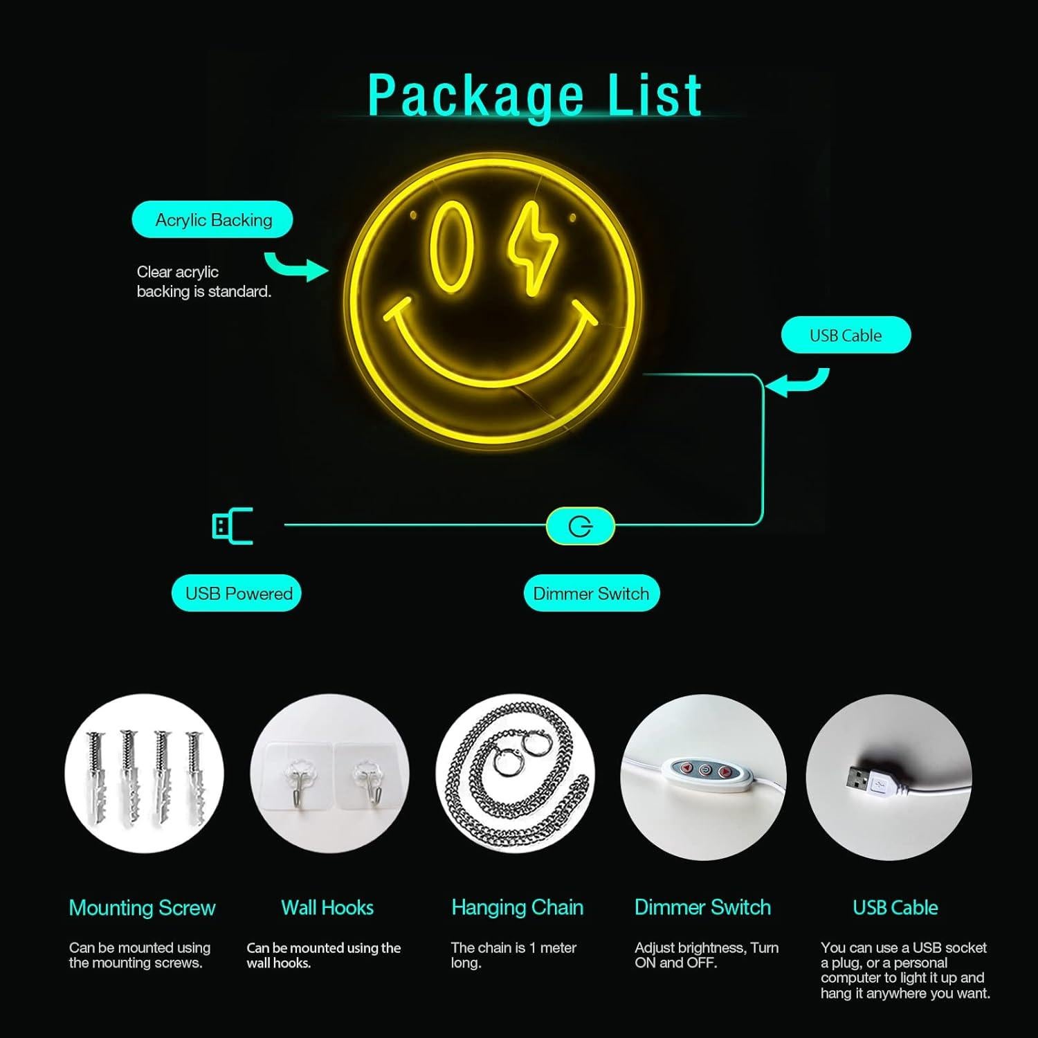 Cartel de Neón LED Amarillo Cara Sonriente 35 cm NEONIP