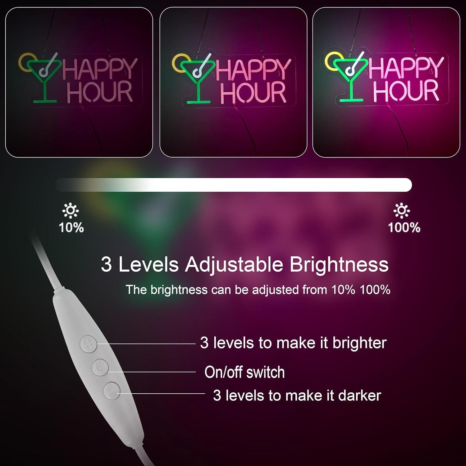 Cartel de Neón LED Hora Feliz Roouneon 43x21 cm Verde/Rosa