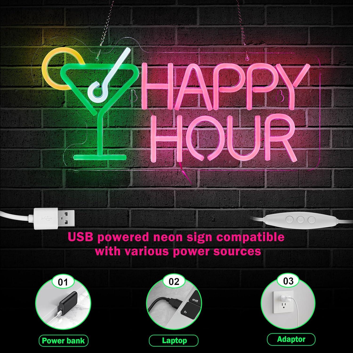 Cartel de Neón LED Hora Feliz Roouneon 43x21 cm Verde/Rosa