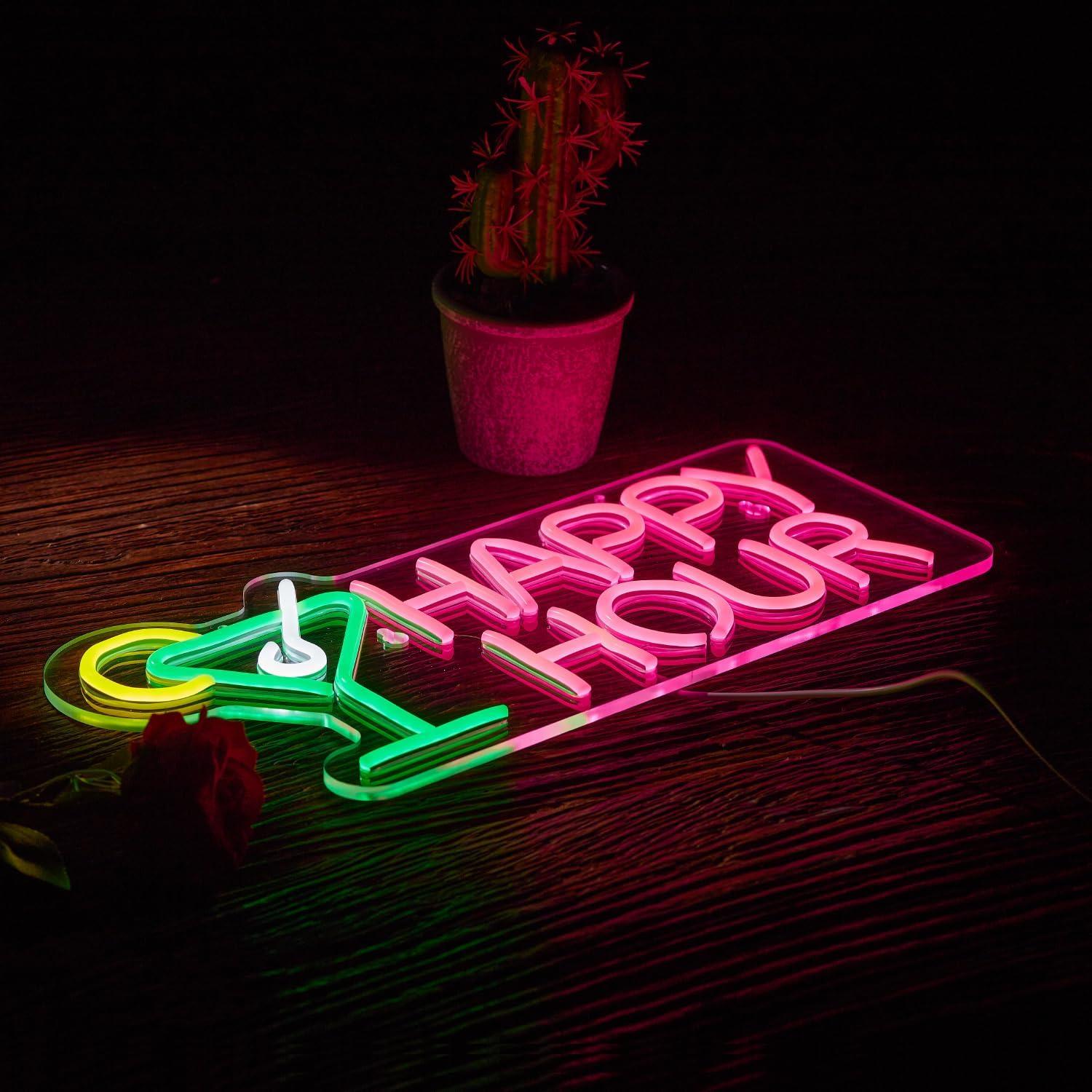 Cartel de Neón LED Hora Feliz Roouneon 43x21 cm Verde/Rosa