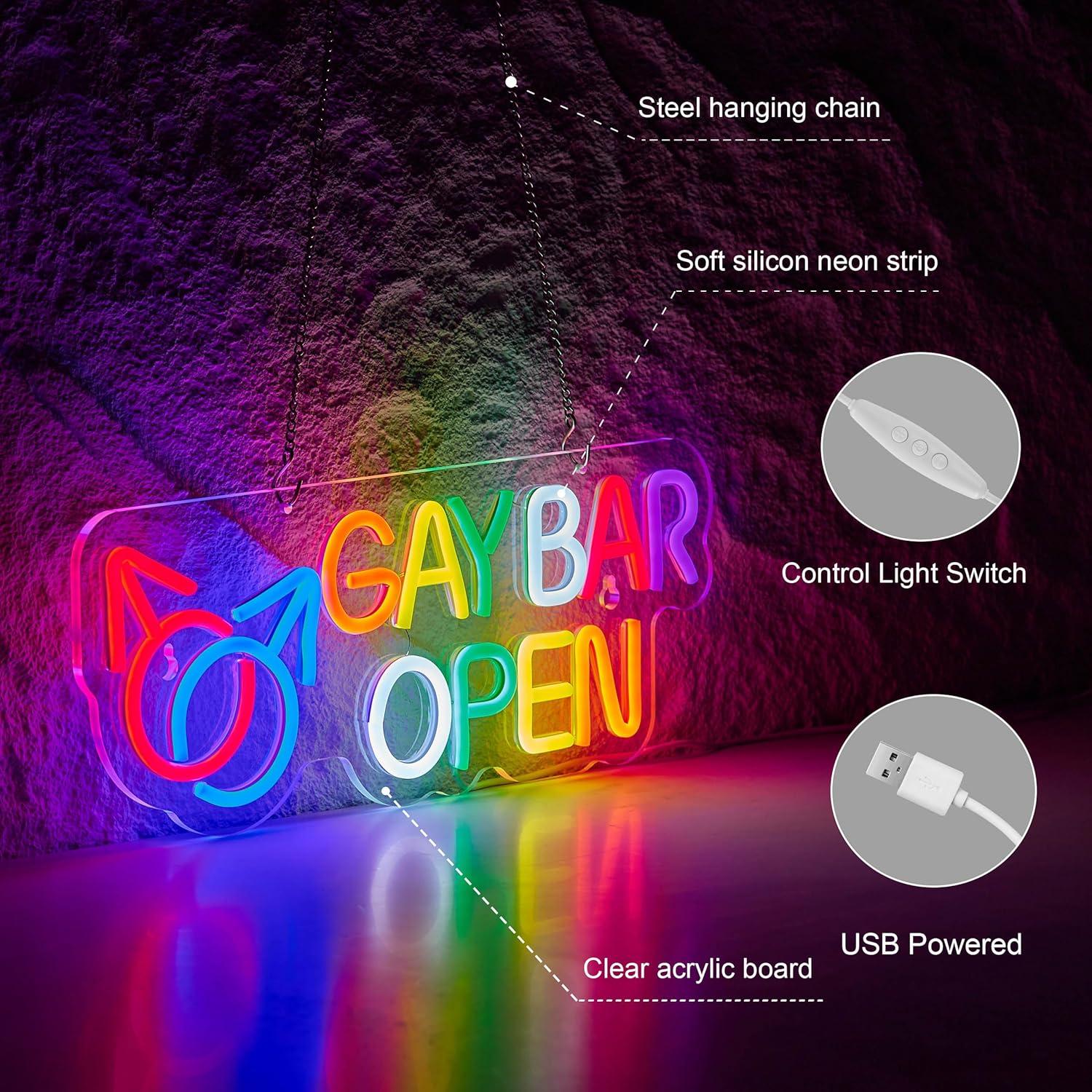 Cartel Neón Abierto de Bar Gay Hoyoelec LED USB 420x165mm