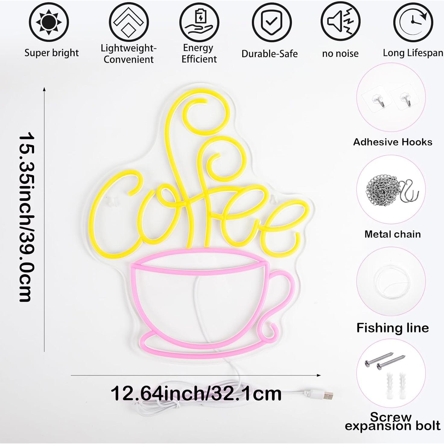Cartel de Neón LED de Café Fercnove Taza Rosa 39x32cm
