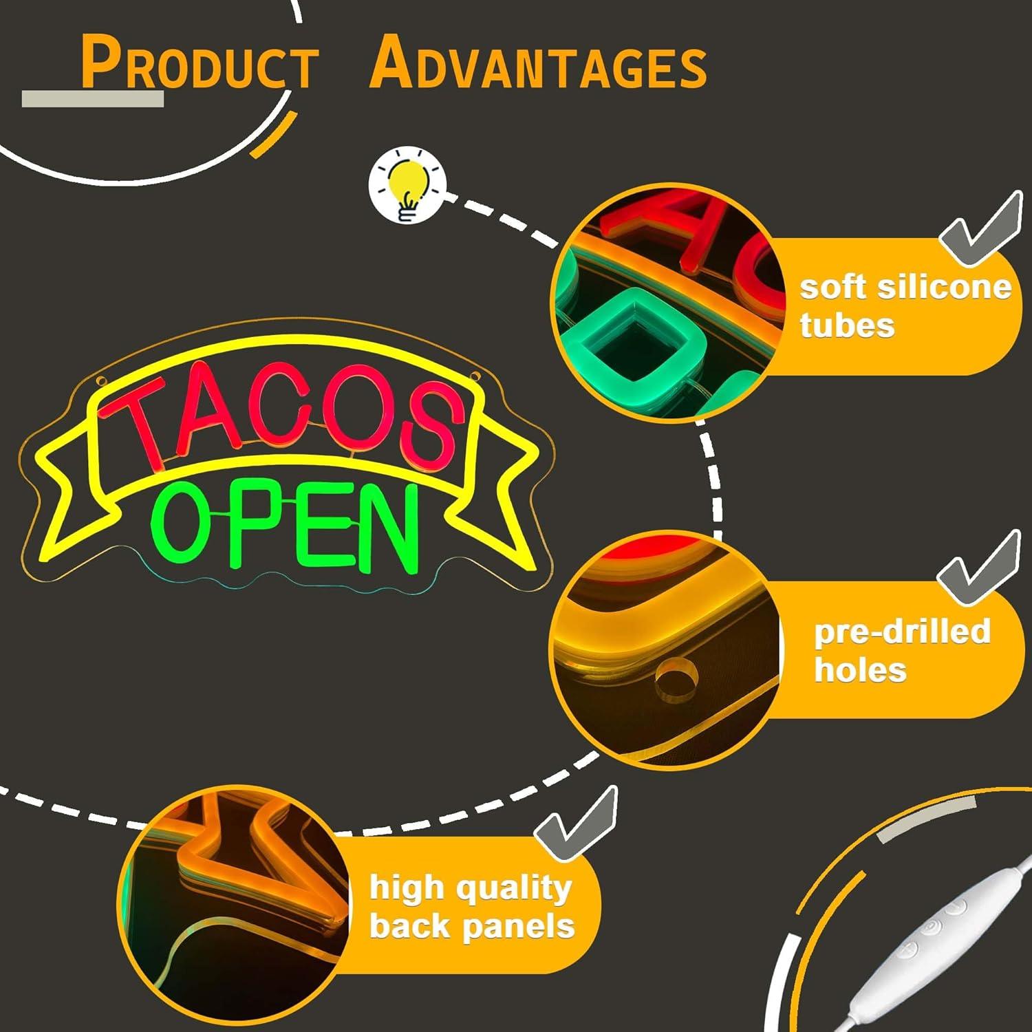 Letrero de Neón LED Tacos Abiertos Allball 39.88x20.83cm