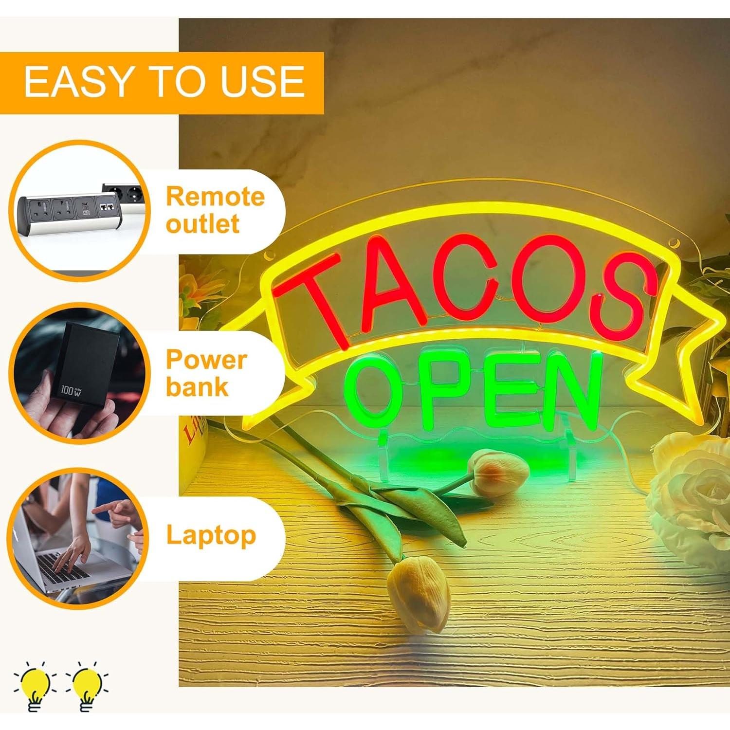 Letrero de Neón LED Tacos Abiertos Allball 39.88x20.83cm