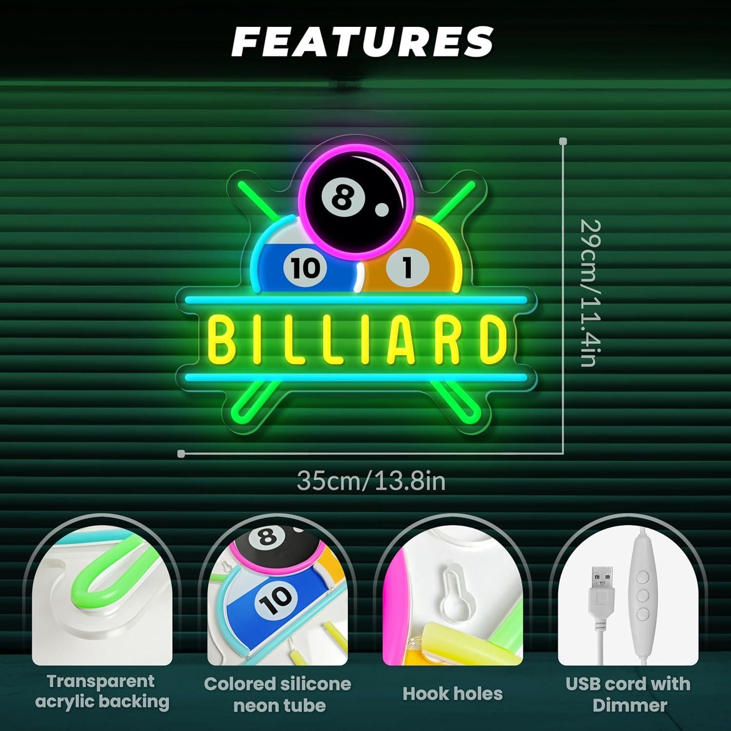 Luz de Neón LED Dimmable Billar LF Verde 35x29 cm