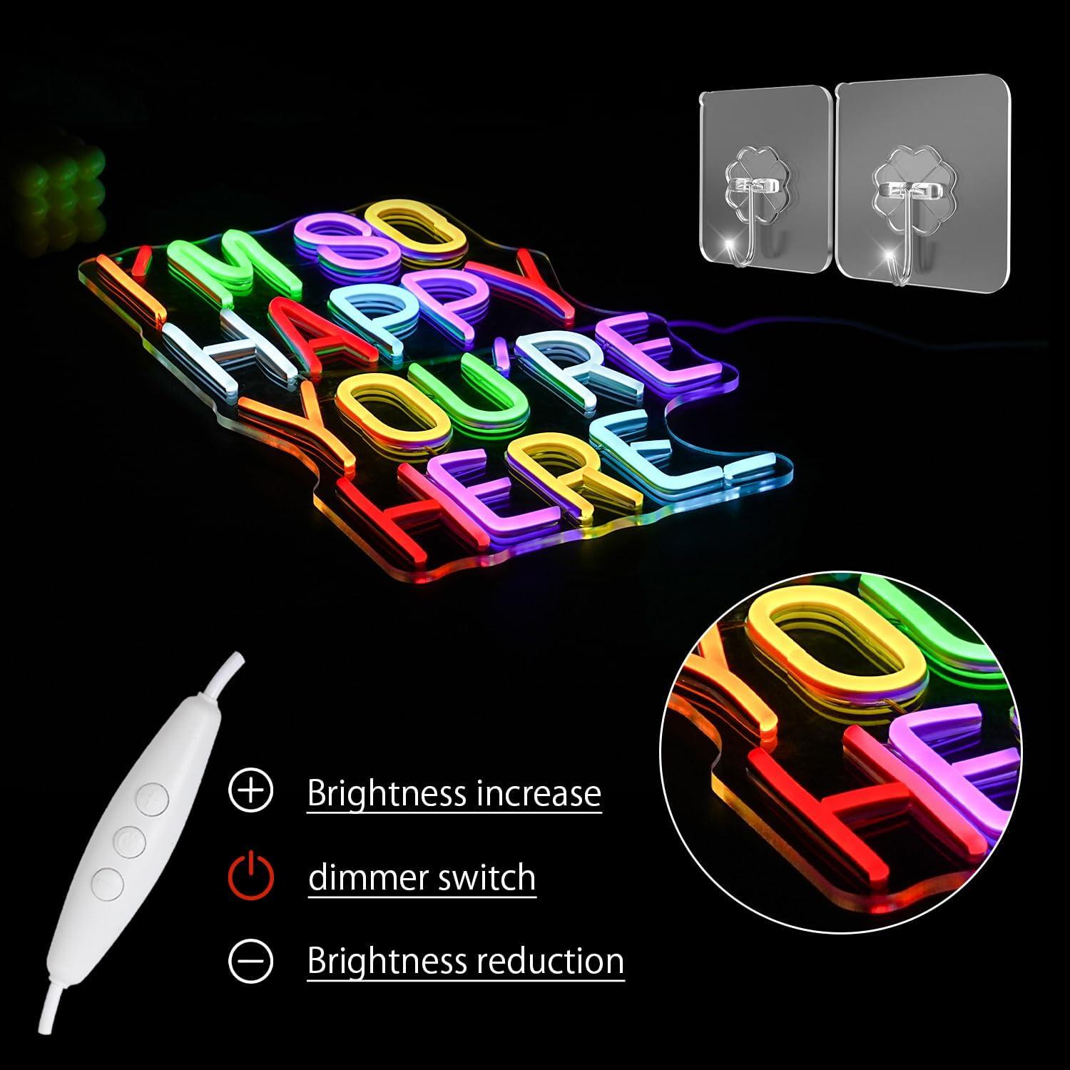I'm So Happy You're Here Neon Sign Letter Neon Lights up Signs Dimmable Positive Affirmation LED Light for Kids Room Welcome Signs for Classroom Home Business Wall Art Decor (16.5''*10.6'')