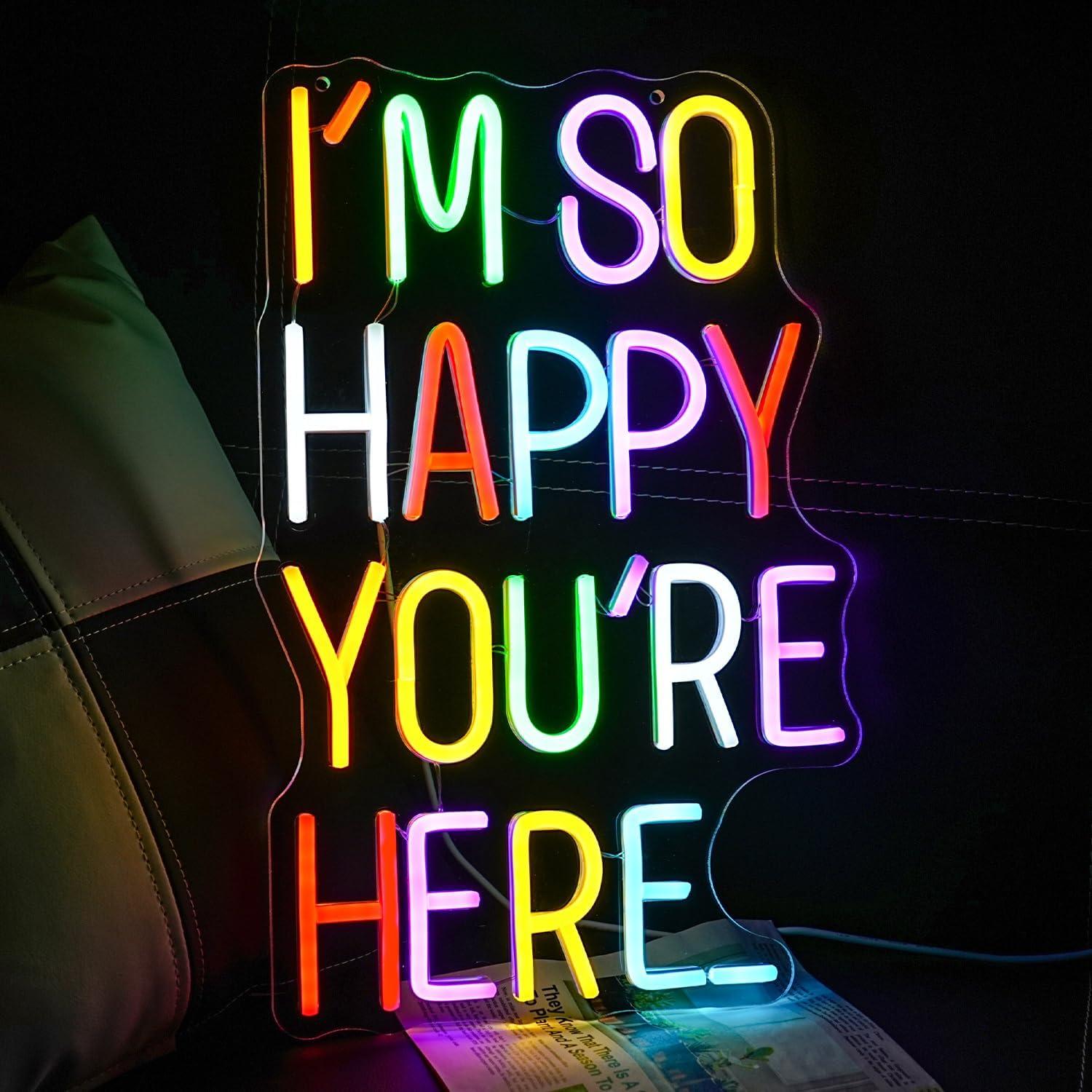 I'm So Happy You're Here Neon Sign Letter Neon Lights up Signs Dimmable Positive Affirmation LED Light for Kids Room Welcome Signs for Classroom Home Business Wall Art Decor (16.5''*10.6'')