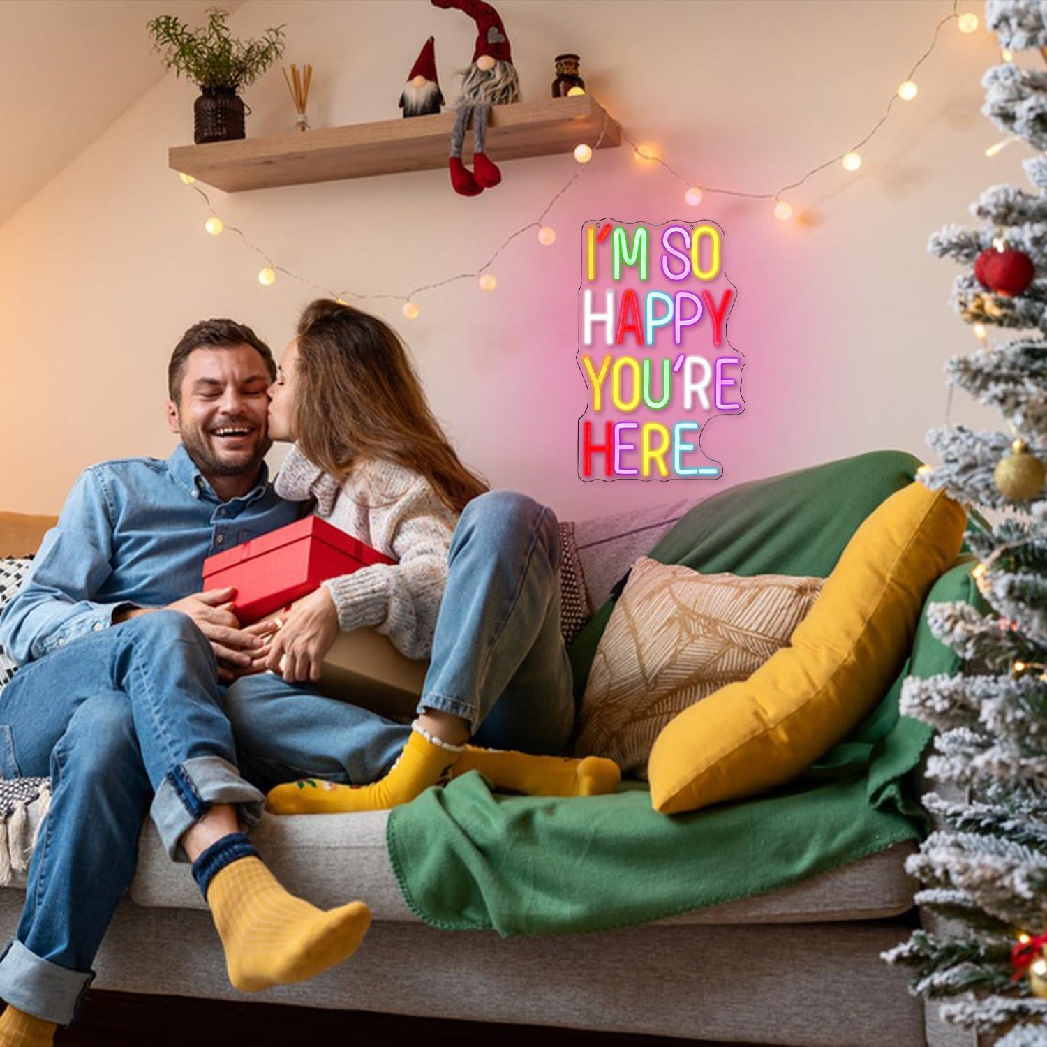 I'm So Happy You're Here Neon Sign Letter Neon Lights up Signs Dimmable Positive Affirmation LED Light for Kids Room Welcome Signs for Classroom Home Business Wall Art Decor (16.5''*10.6'')