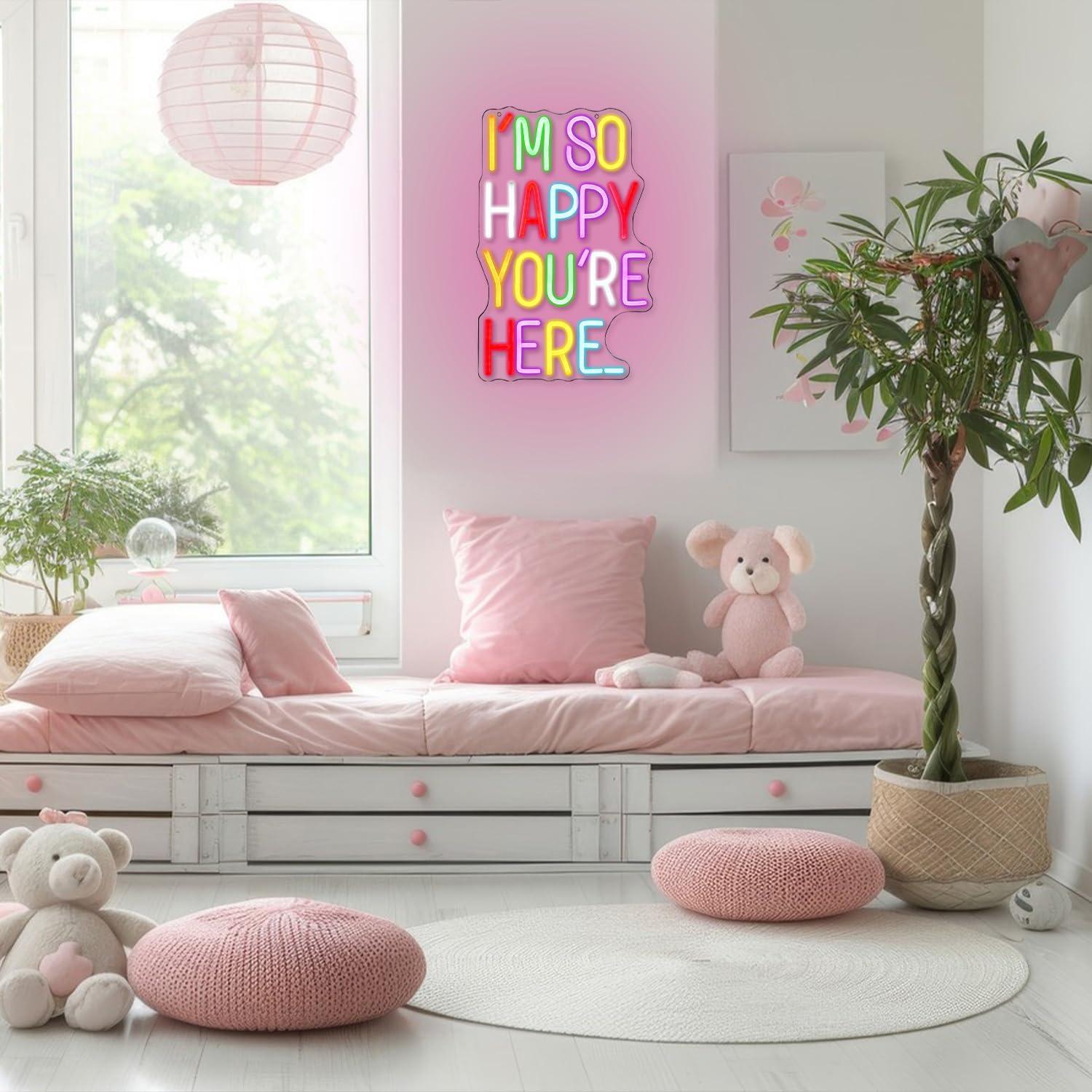 I'm So Happy You're Here Neon Sign Letter Neon Lights up Signs Dimmable Positive Affirmation LED Light for Kids Room Welcome Signs for Classroom Home Business Wall Art Decor (16.5''*10.6'')