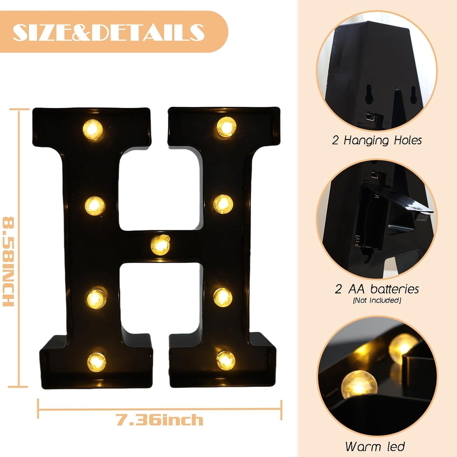 Letras Iluminadas LED Hirbisnis H Negras para Decoración